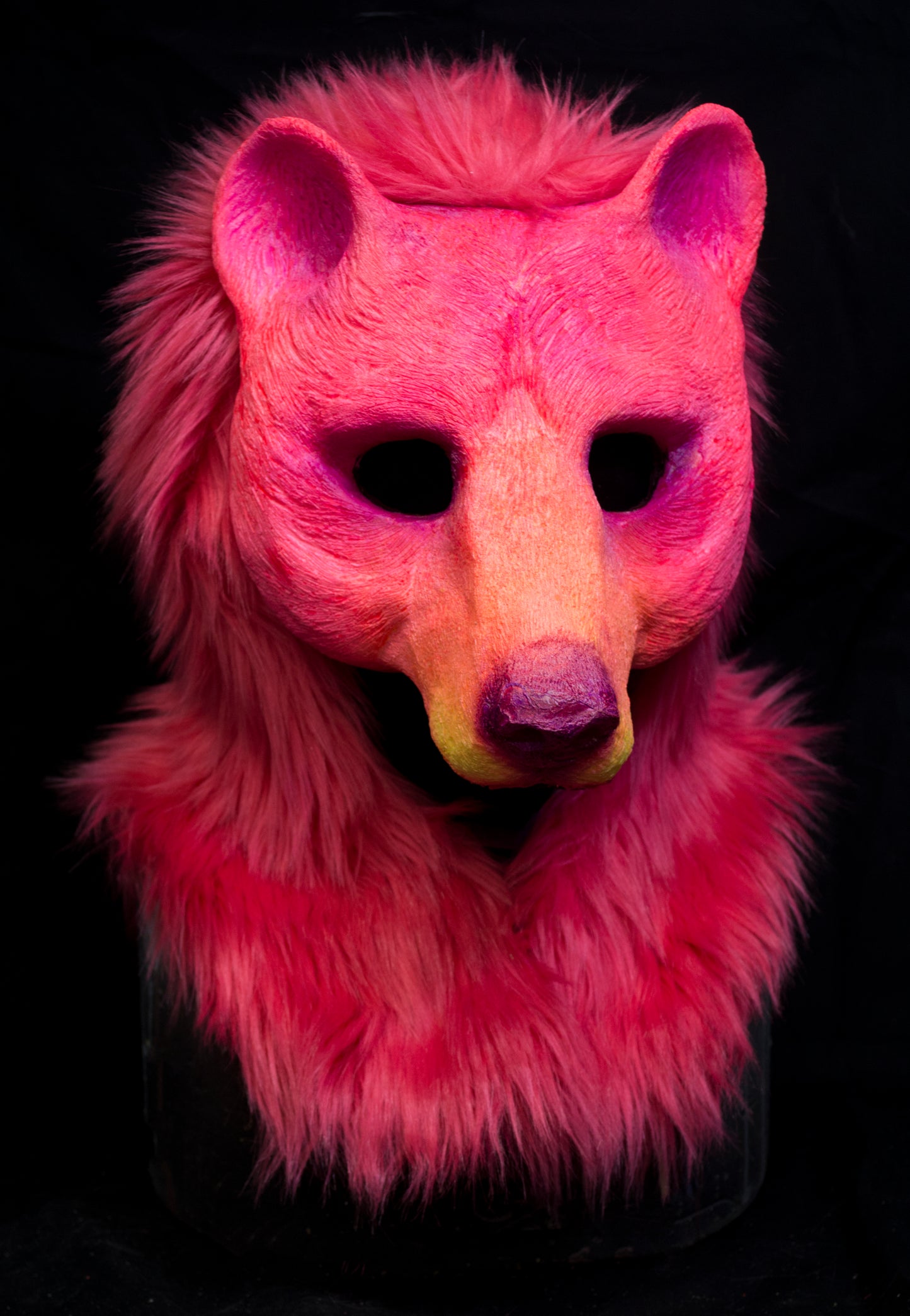 Pink Bear UV reactive hooded mask for LARP, performance and costuming