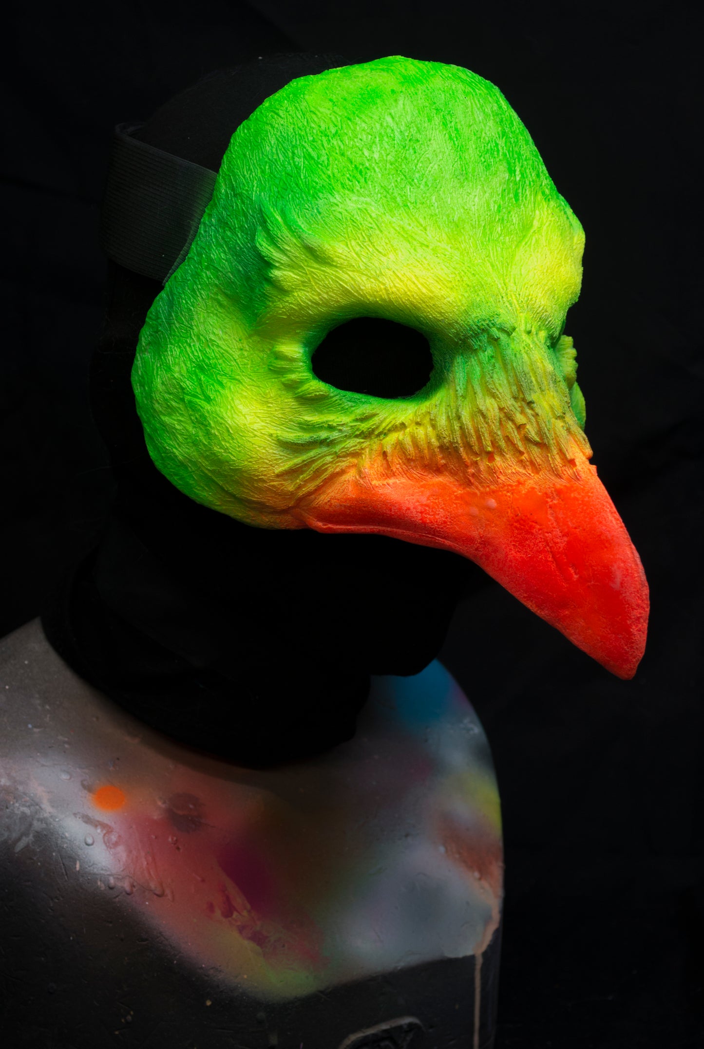 Green and Orange Bird, UV reactive mask for LARP, performance and costuming