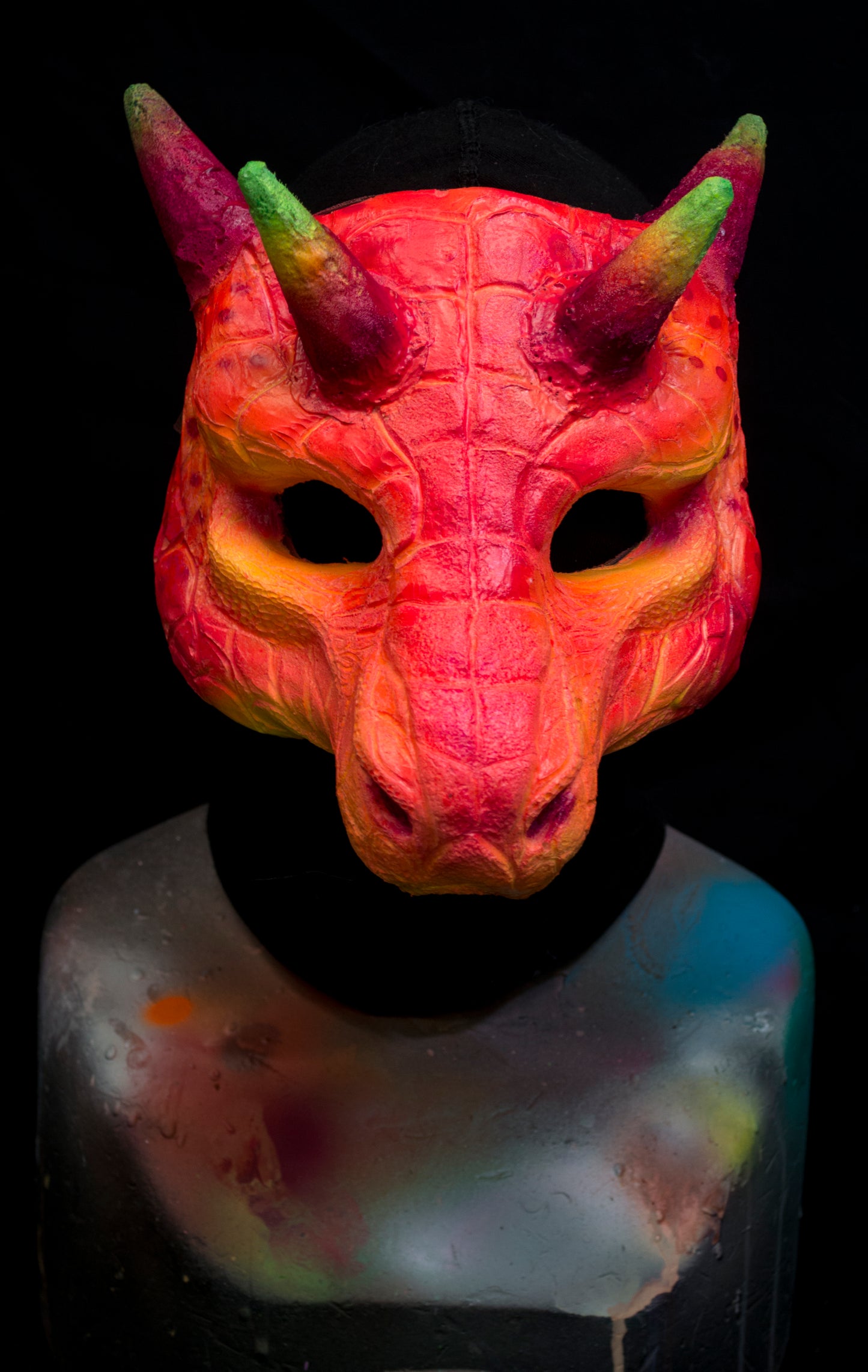 Pink / red Dragon, UV reactive mask for LARP, performance and costuming