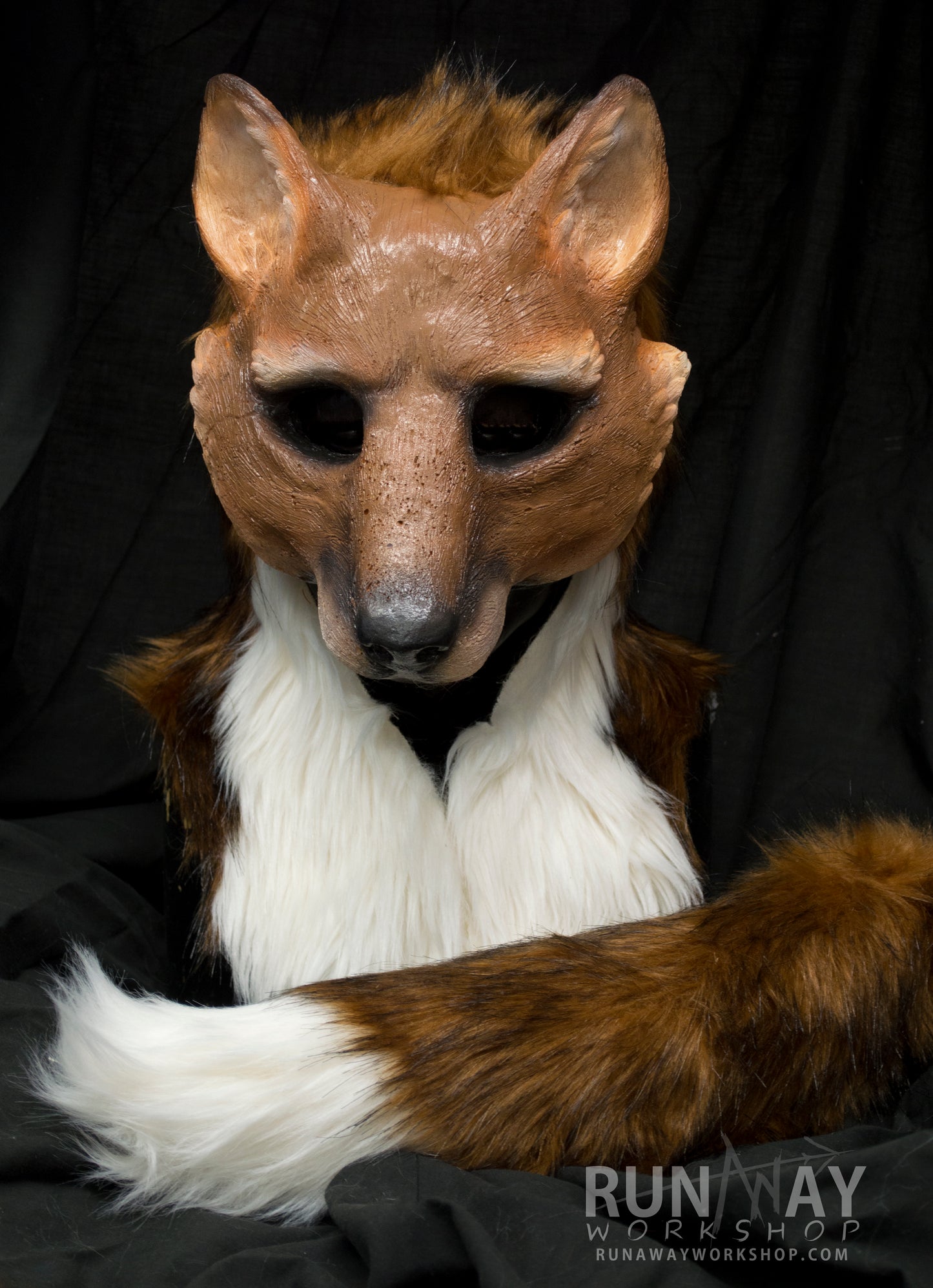 Red / brown fox durable hooded mask with tail for LARP, performance and costuming