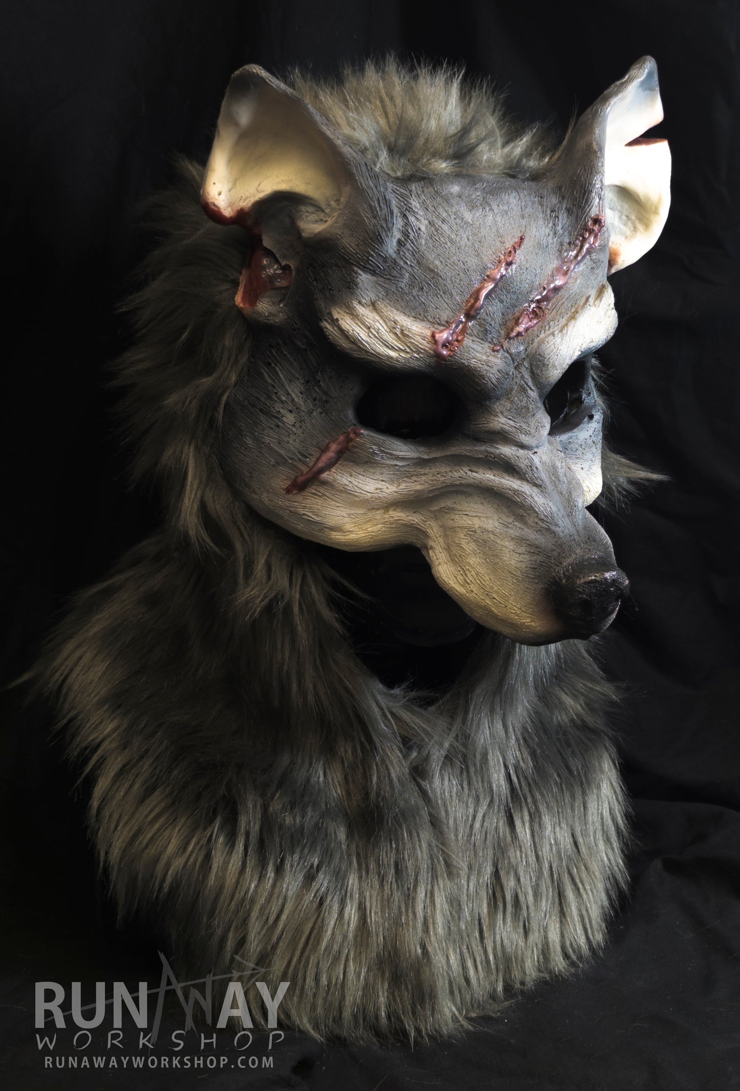 Grey wolf, battle scarred durable hooded mask for LARP, performance and costuming