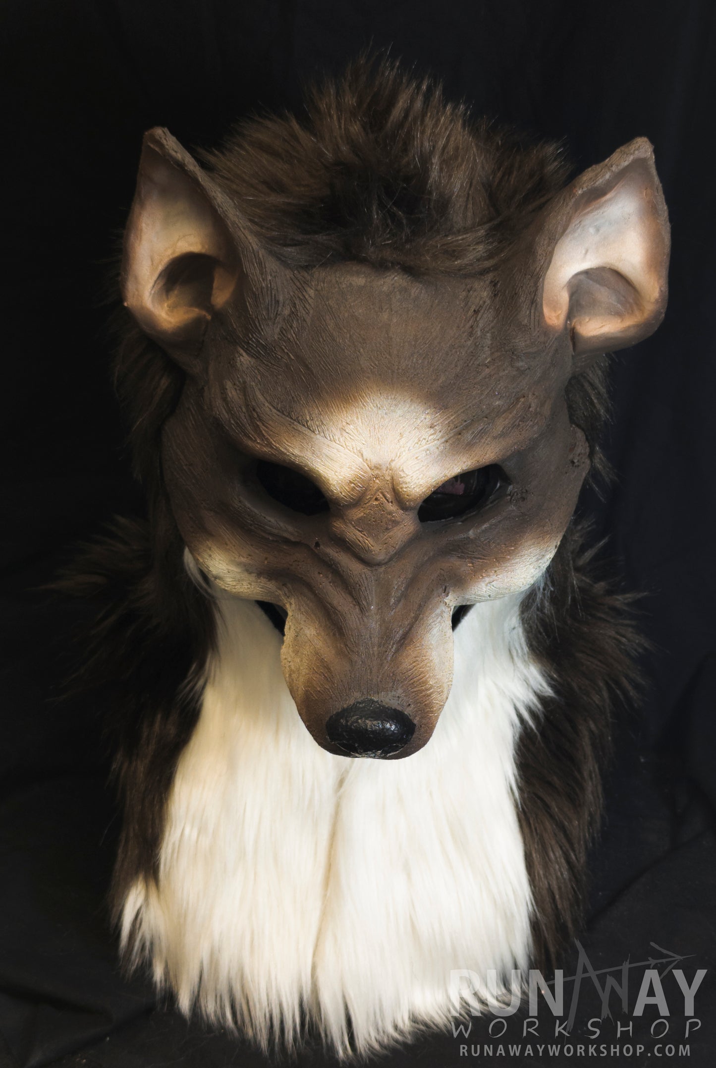 Brown and white wolf, durable hooded mask for LARP, performance and costuming
