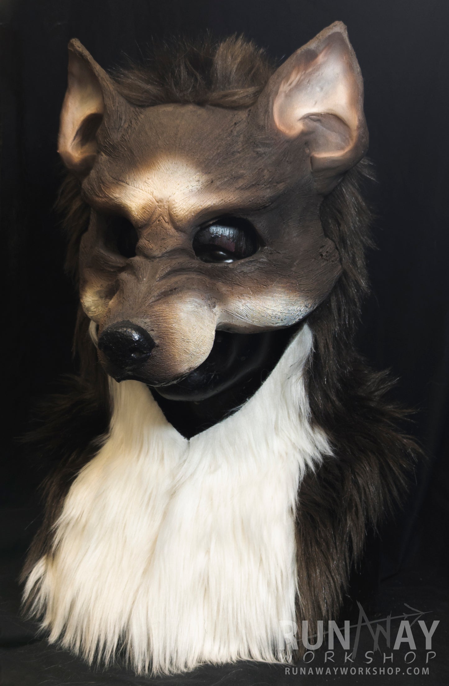 Brown and white wolf, durable hooded mask for LARP, performance and costuming