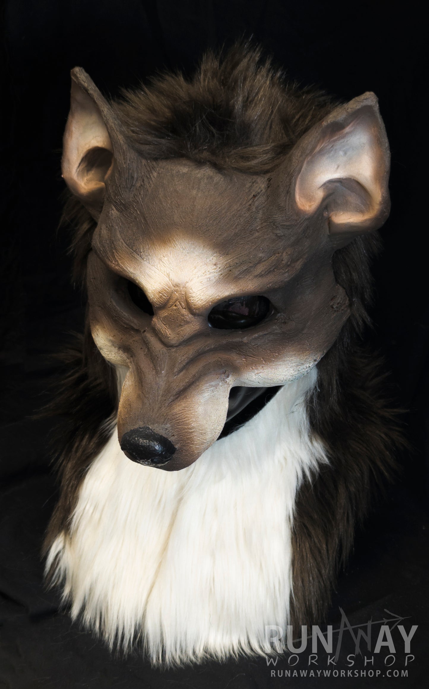 Brown and white wolf, durable hooded mask for LARP, performance and costuming