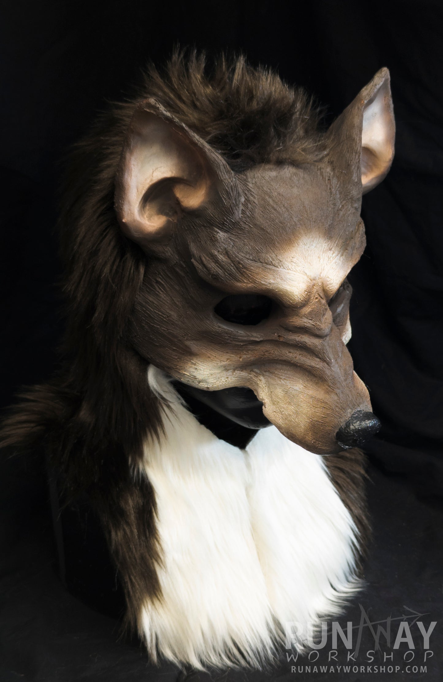 Brown and white wolf, durable hooded mask for LARP, performance and costuming