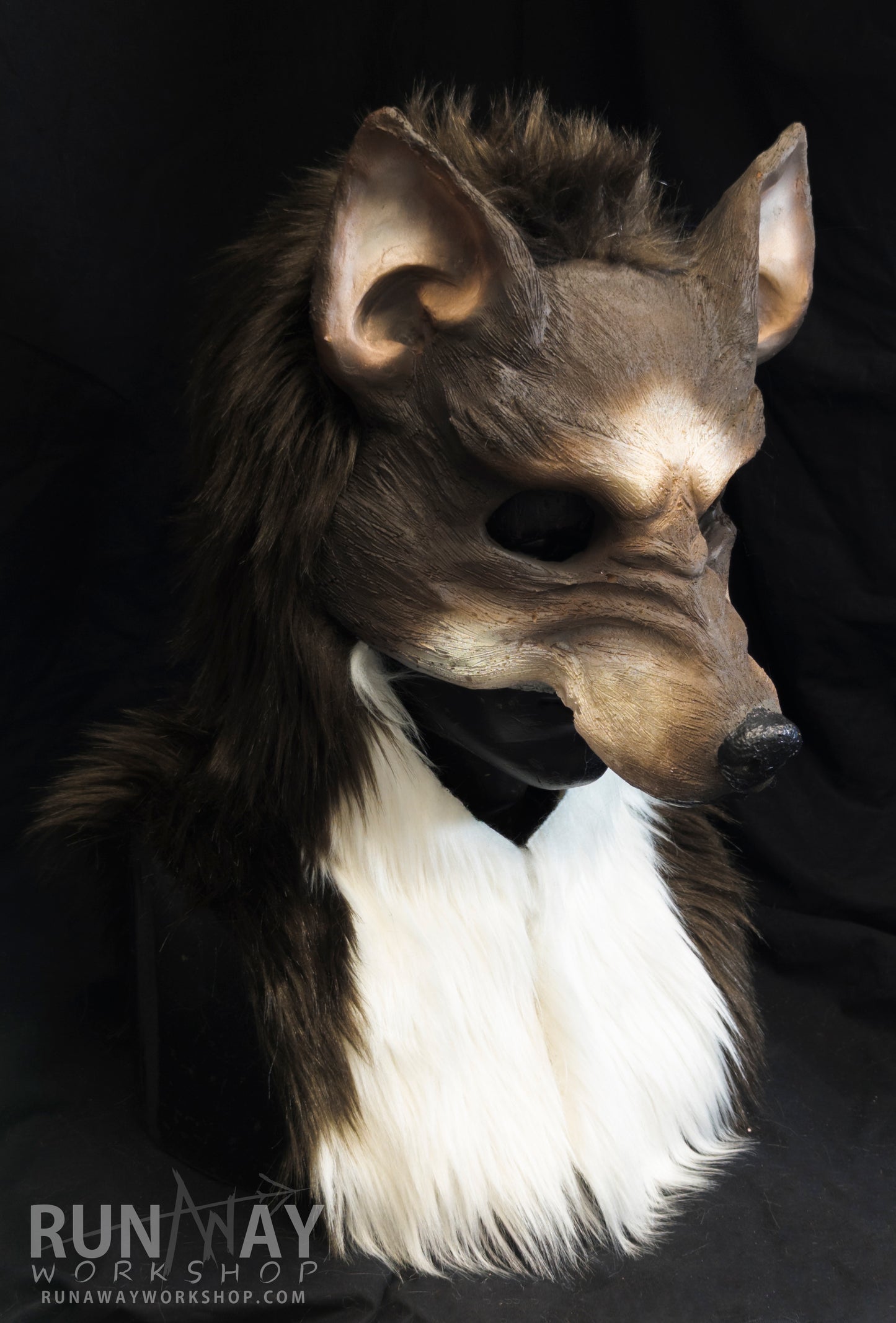 Brown and white wolf, durable hooded mask for LARP, performance and costuming