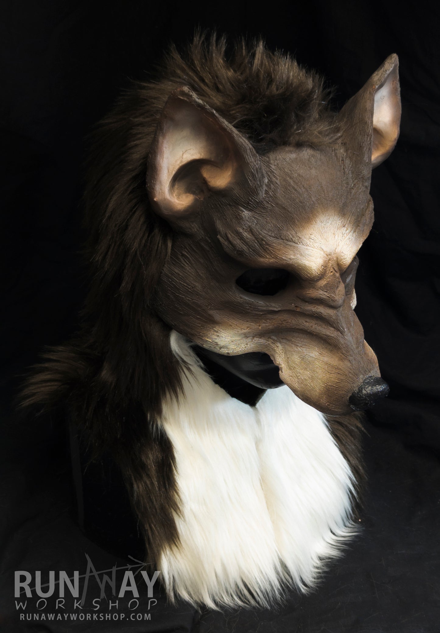 Brown and white wolf, durable hooded mask for LARP, performance and costuming