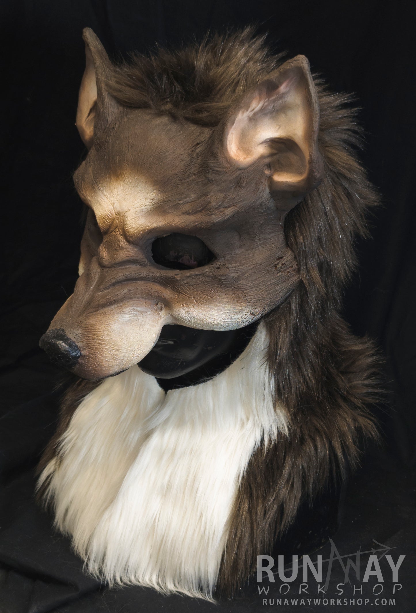 Brown and white wolf, durable hooded mask for LARP, performance and costuming