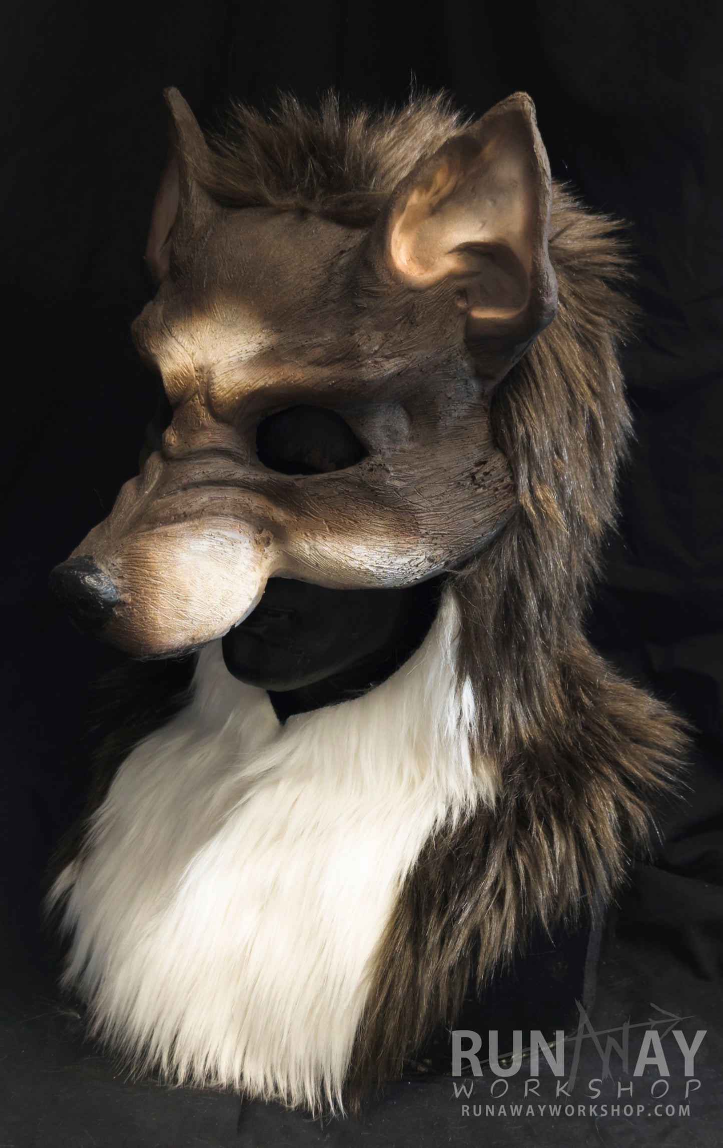 Brown and white wolf, durable hooded mask for LARP, performance and costuming