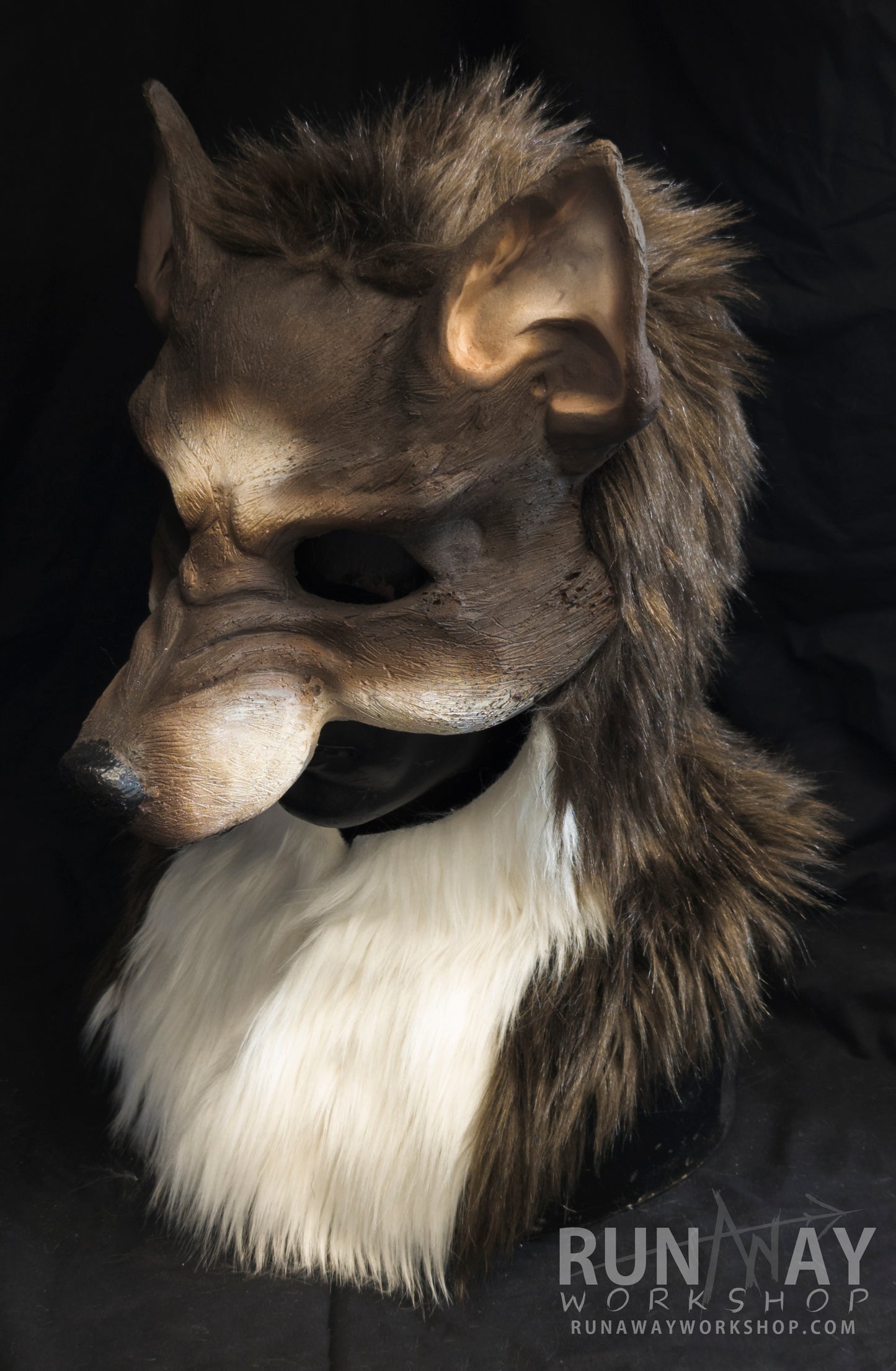 Brown and white wolf, durable hooded mask for LARP, performance and costuming