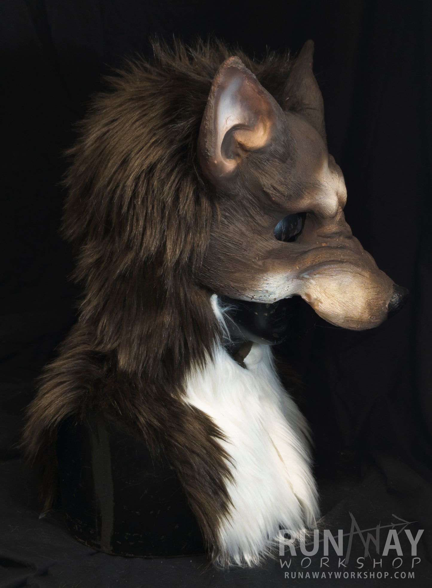 Brown and white wolf, durable hooded mask for LARP, performance and costuming