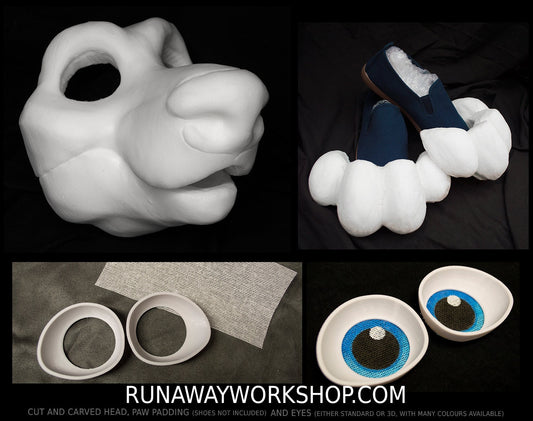 Long muzzle Canine bundle deal: cut and carved head base, Eyes and Feet padding, for costumes mascots and fursuits.