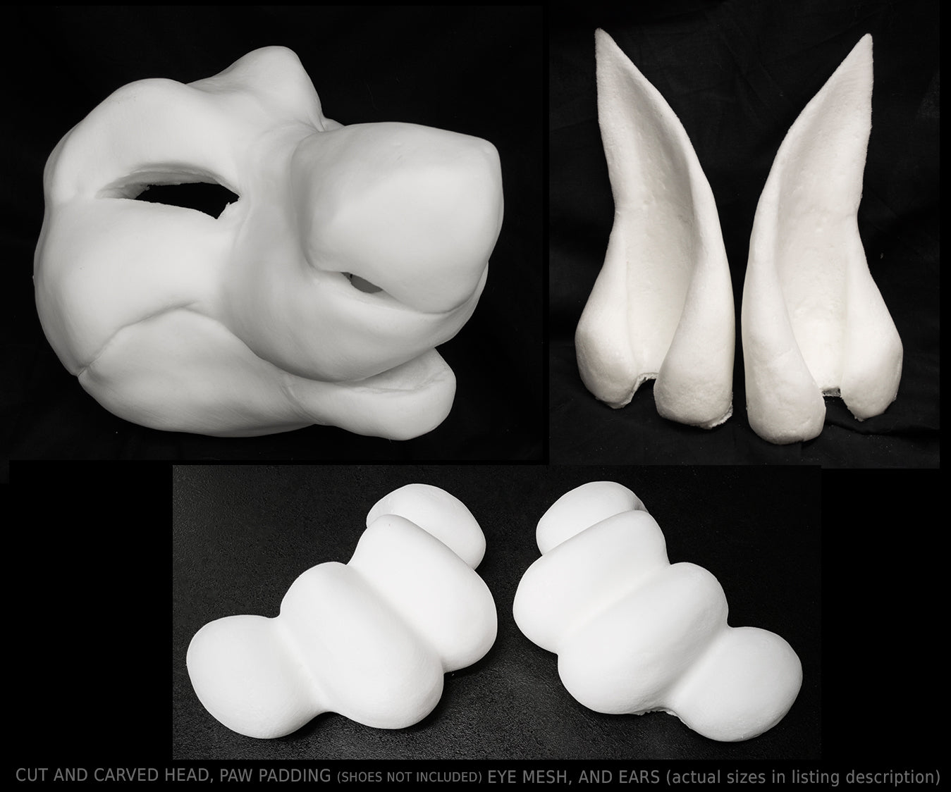 Manokit bundle deal: cut and carved head base, eye mesh, Ears and Feet padding, for costumes mascots and fursuits.