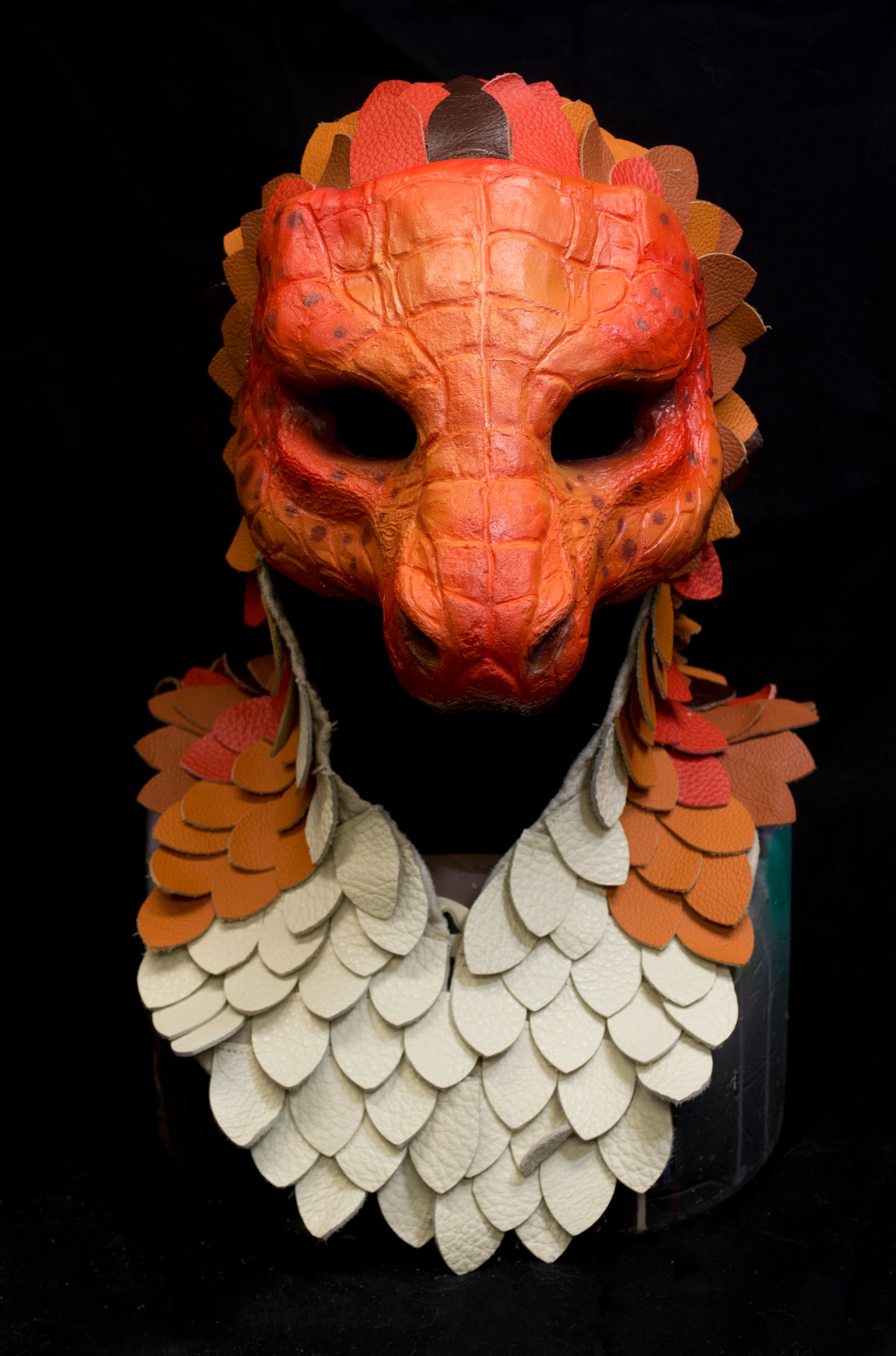 Orange Dragonborn scaled hooded mask for LARP, performance and costuming