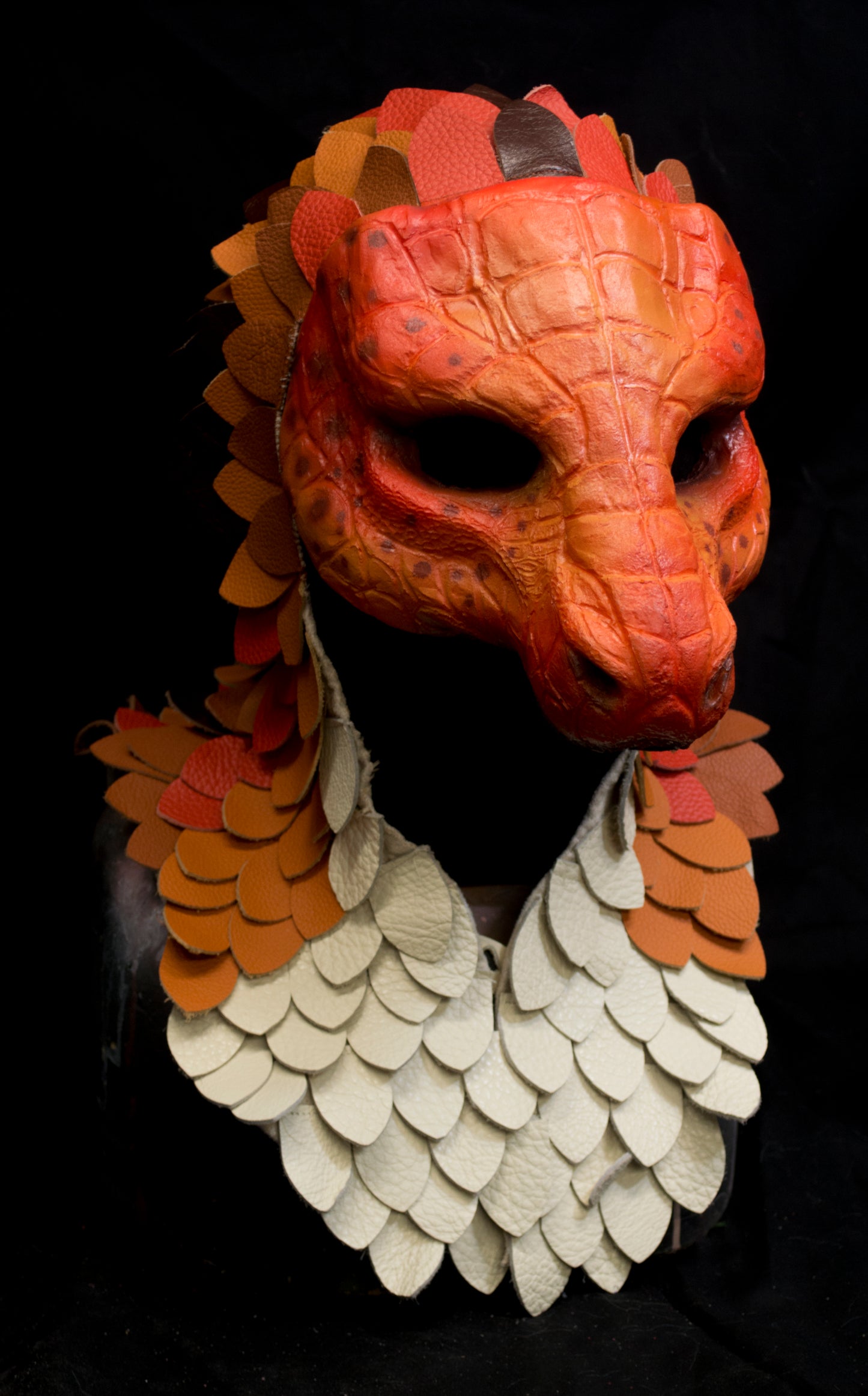 Orange Dragonborn scaled hooded mask for LARP, performance and costuming