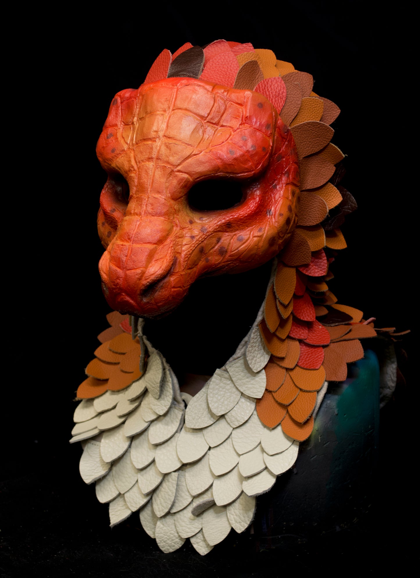 Orange Dragonborn scaled hooded mask for LARP, performance and costuming