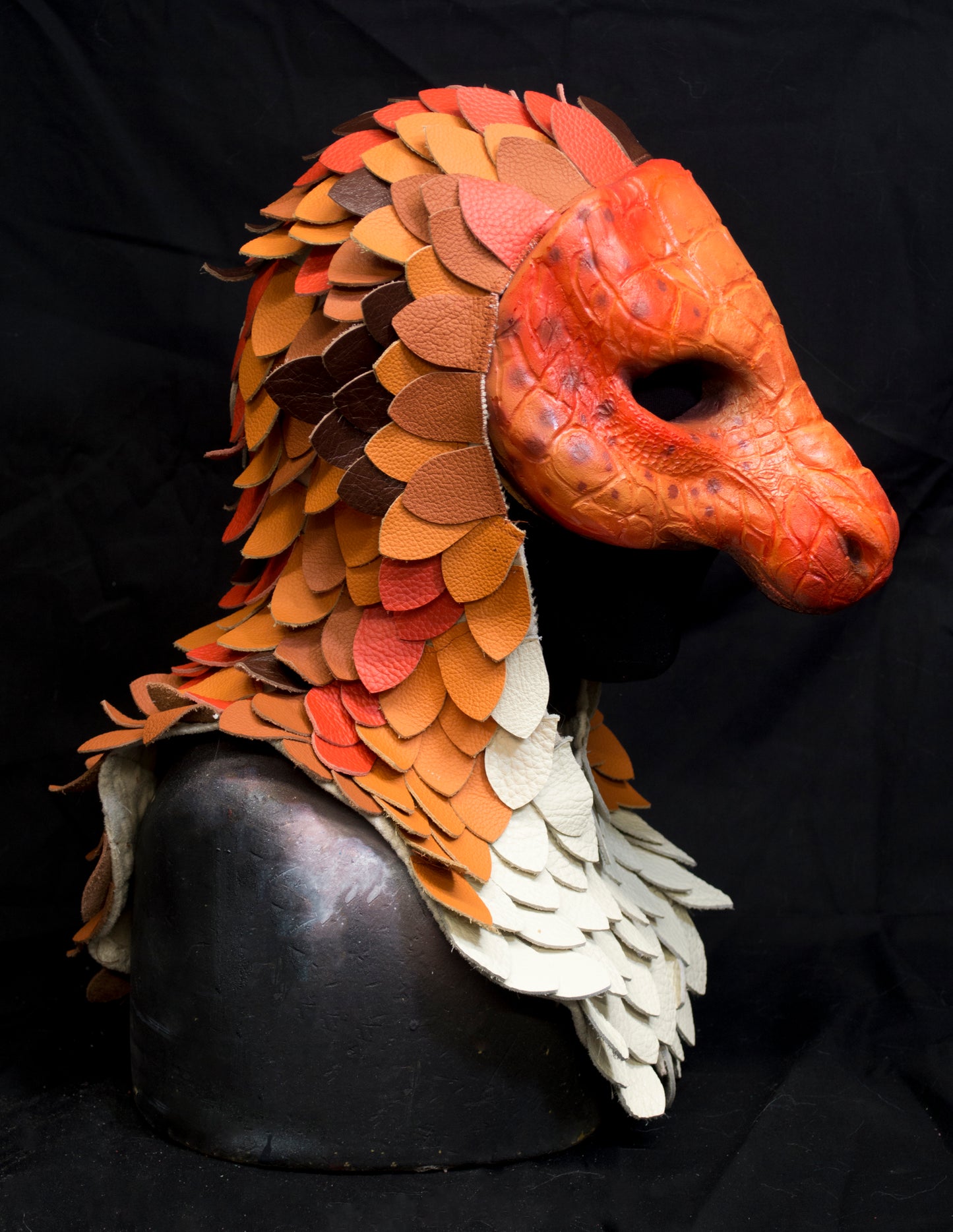 Orange Dragonborn scaled hooded mask for LARP, performance and costuming