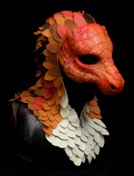 Orange Dragonborn scaled hooded mask for LARP, performance and costuming