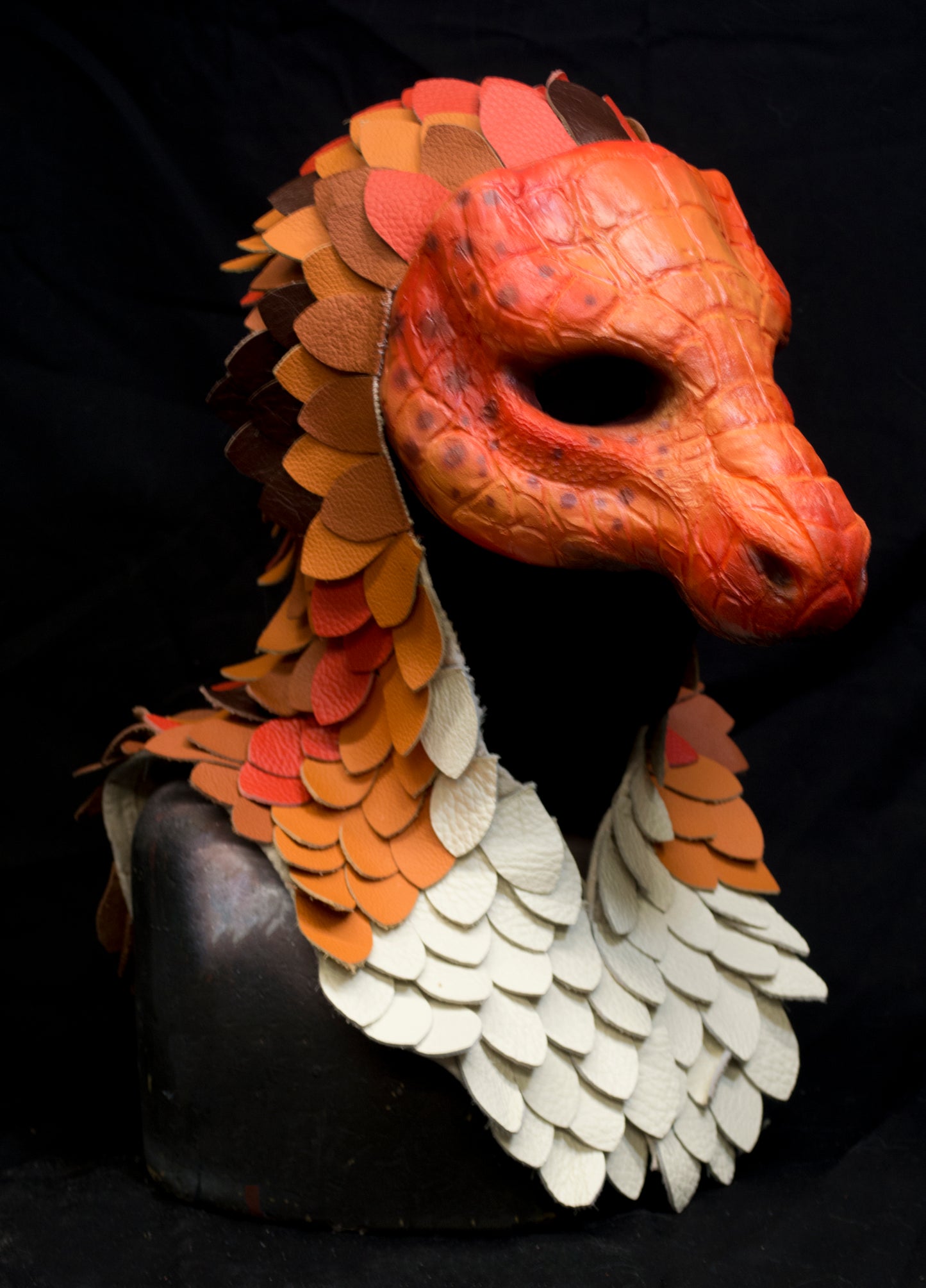 Orange Dragonborn scaled hooded mask for LARP, performance and costuming