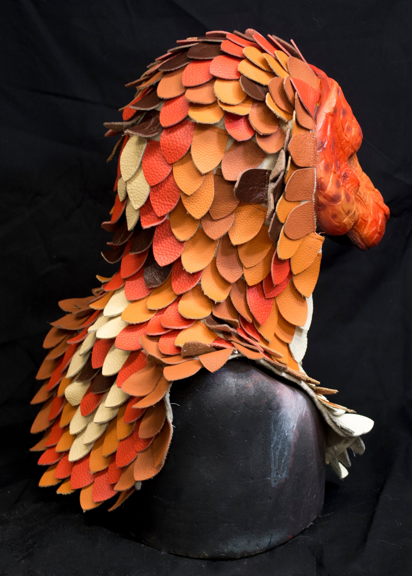 Orange Dragonborn scaled hooded mask for LARP, performance and costuming