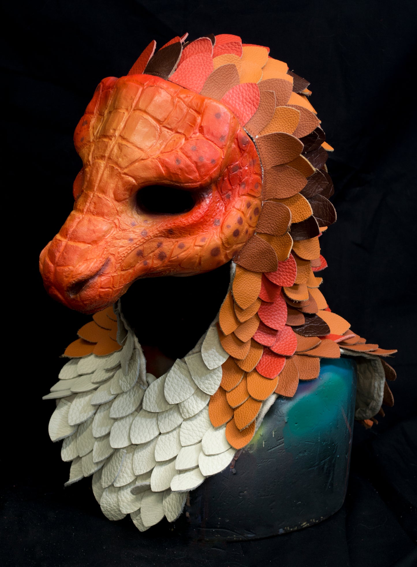 Orange Dragonborn scaled hooded mask for LARP, performance and costuming