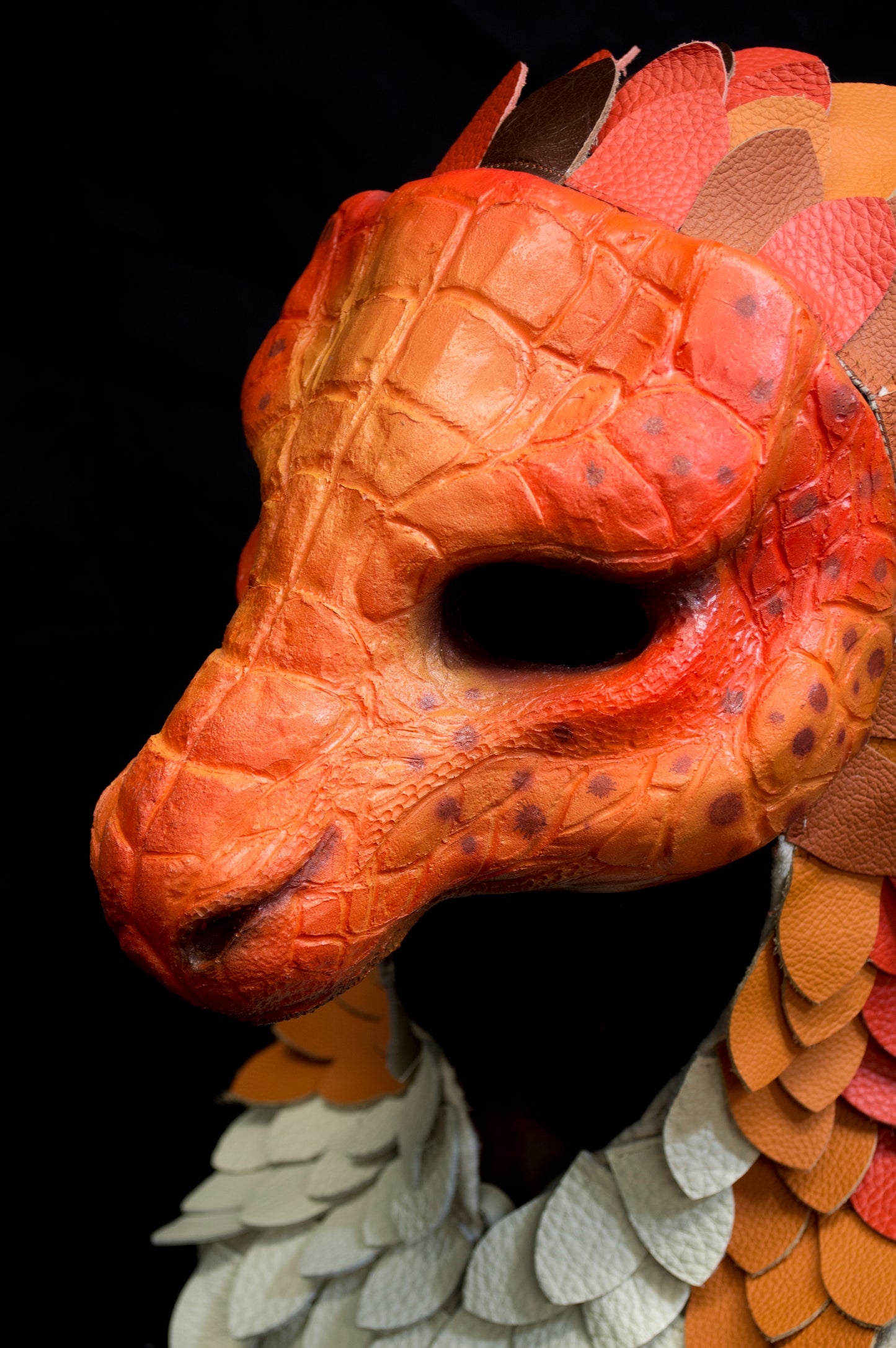 Orange Dragonborn scaled hooded mask for LARP, performance and costuming