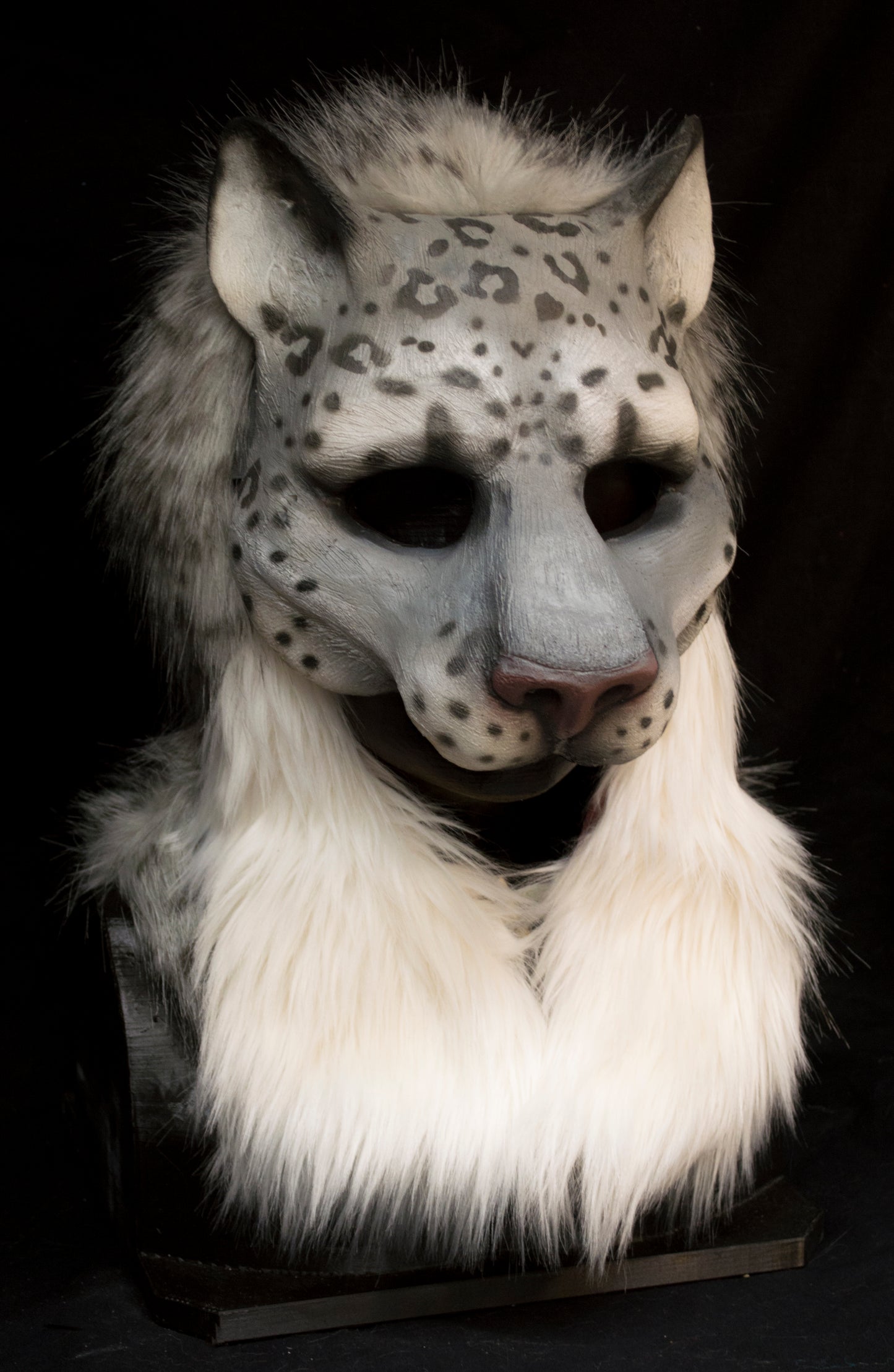 Snow leopard hooded mask with tail for LARP, performance and costuming