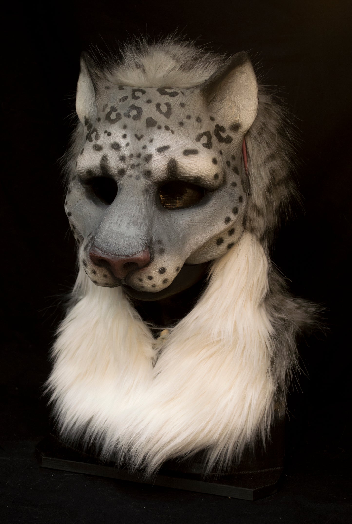 Snow leopard hooded mask with tail for LARP, performance and costuming