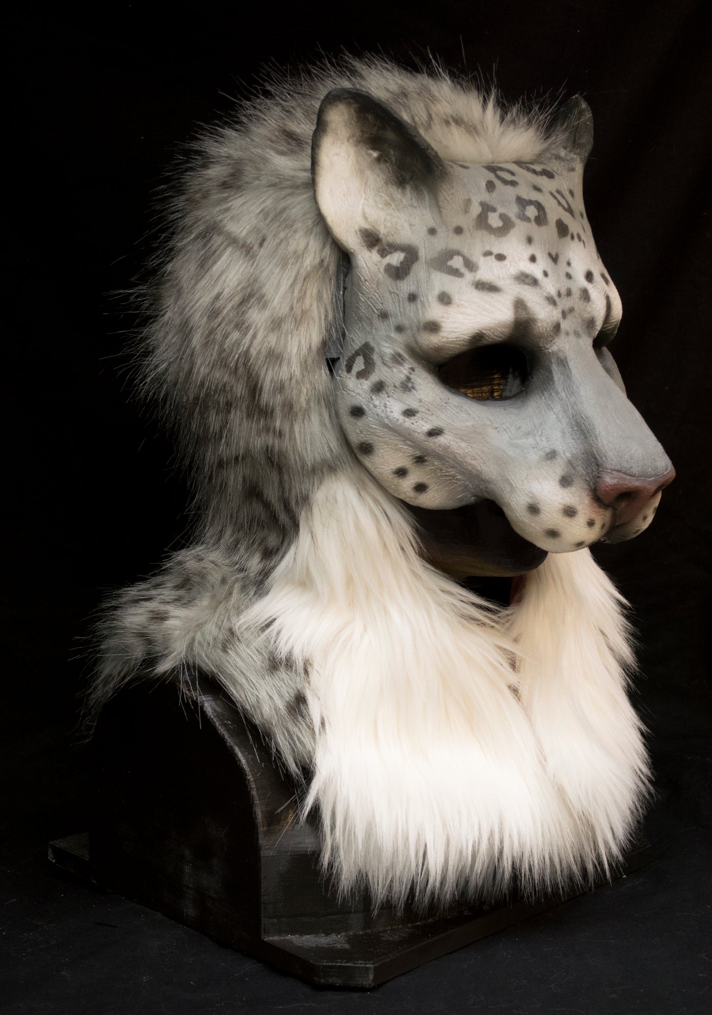 Snow leopard hooded mask with tail for LARP, performance and costuming