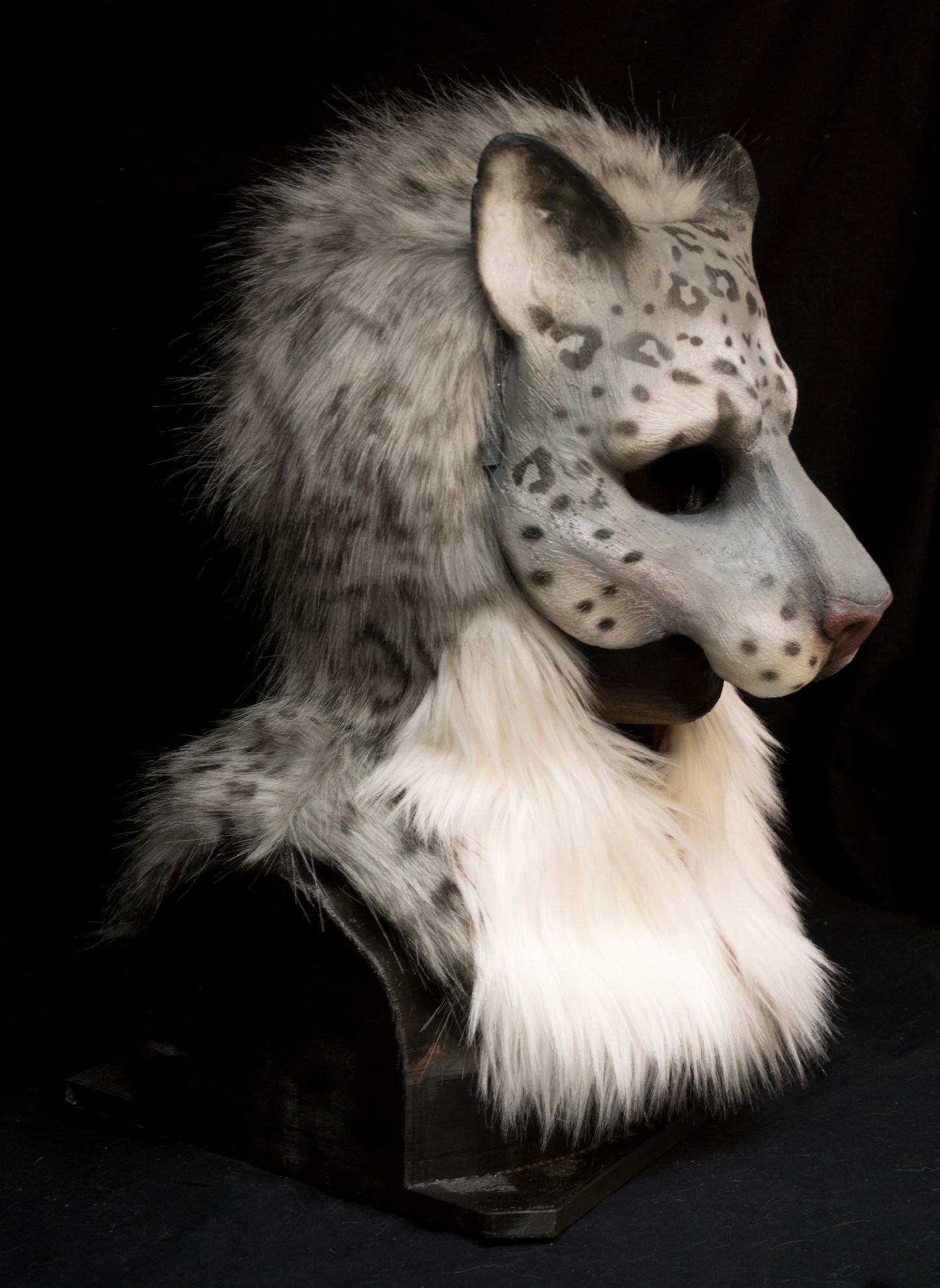 Snow leopard hooded mask with tail for LARP, performance and costuming