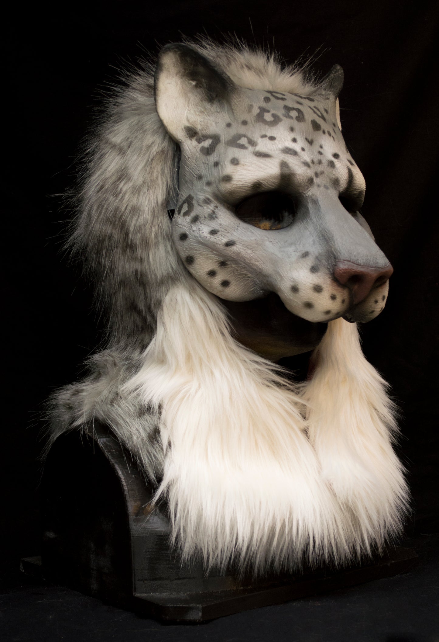 Snow leopard hooded mask with tail for LARP, performance and costuming