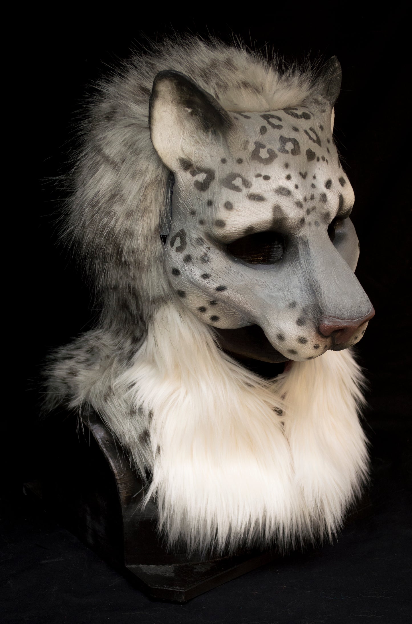 Snow leopard hooded mask with tail for LARP, performance and costuming