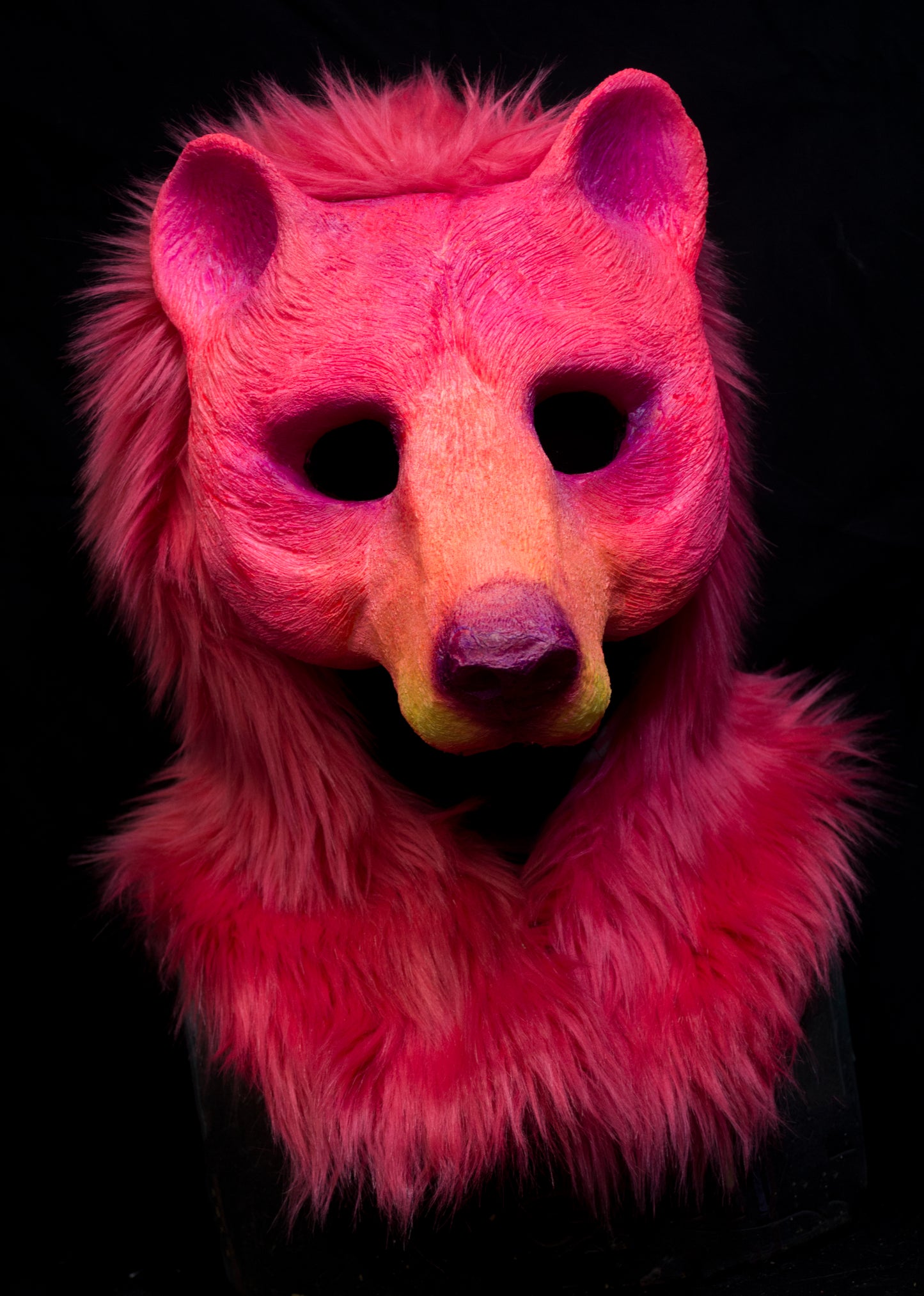 Pink Bear UV reactive hooded mask for LARP, performance and costuming