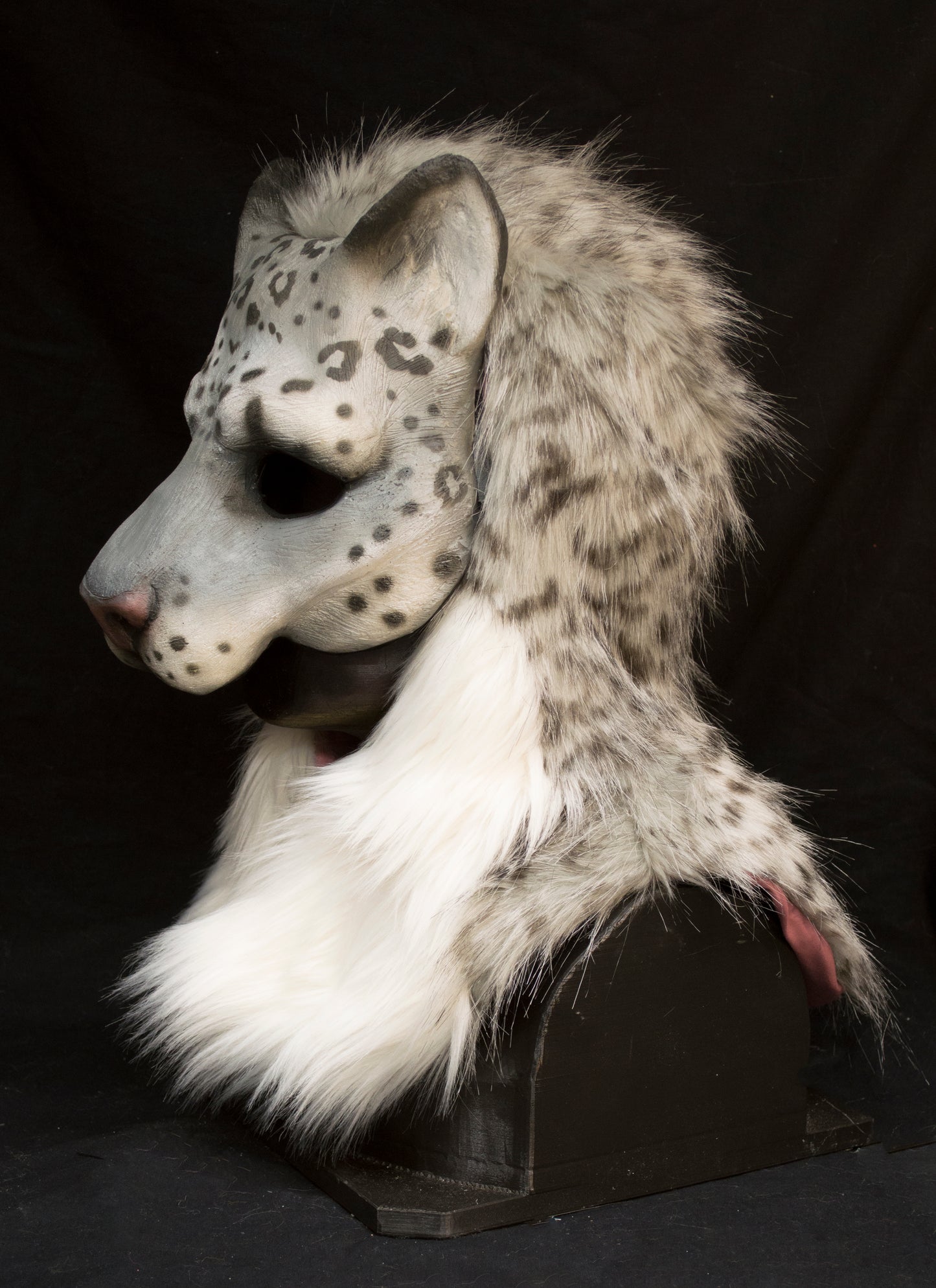Snow leopard hooded mask with tail for LARP, performance and costuming