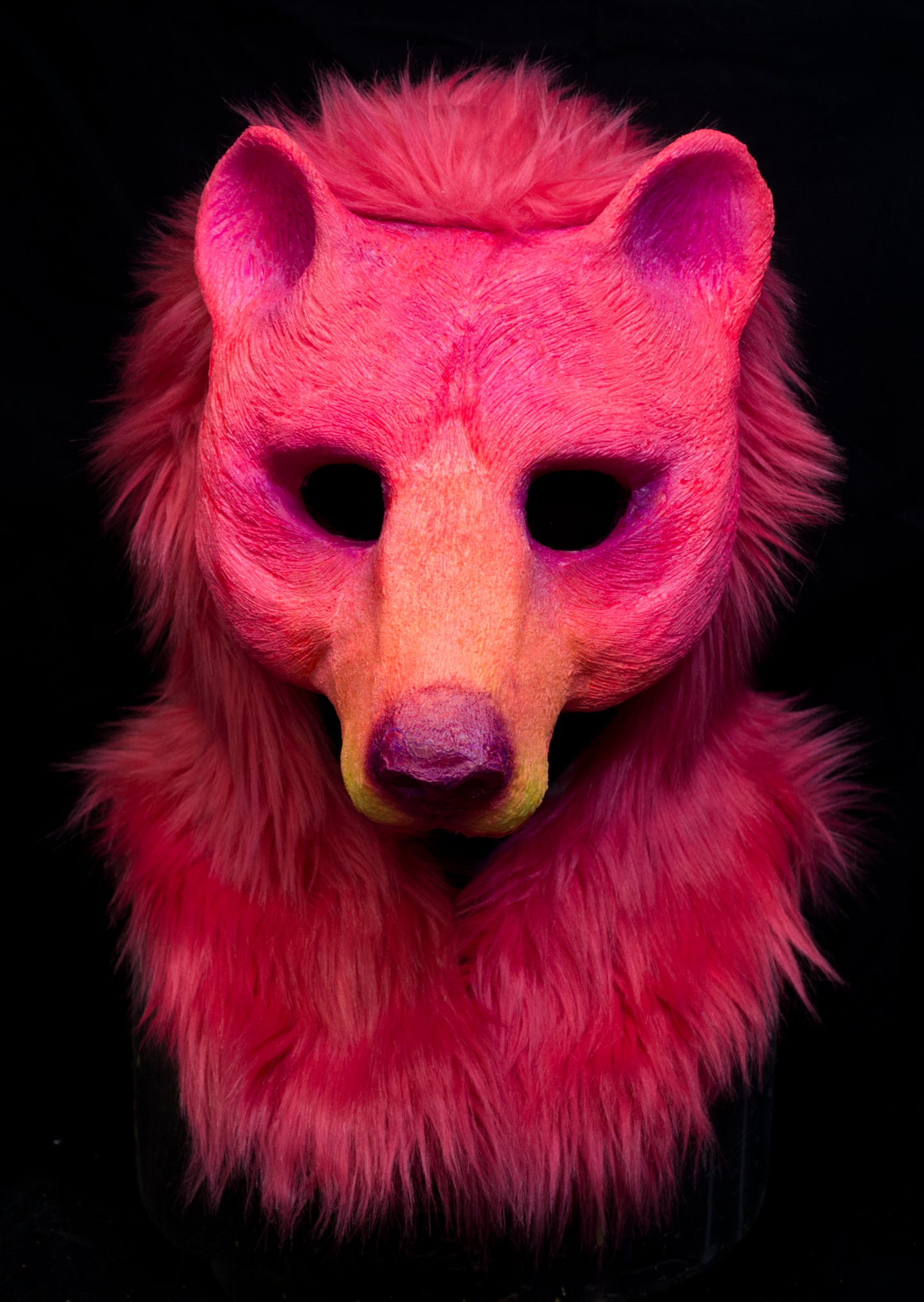 Pink Bear UV reactive hooded mask for LARP, performance and costuming