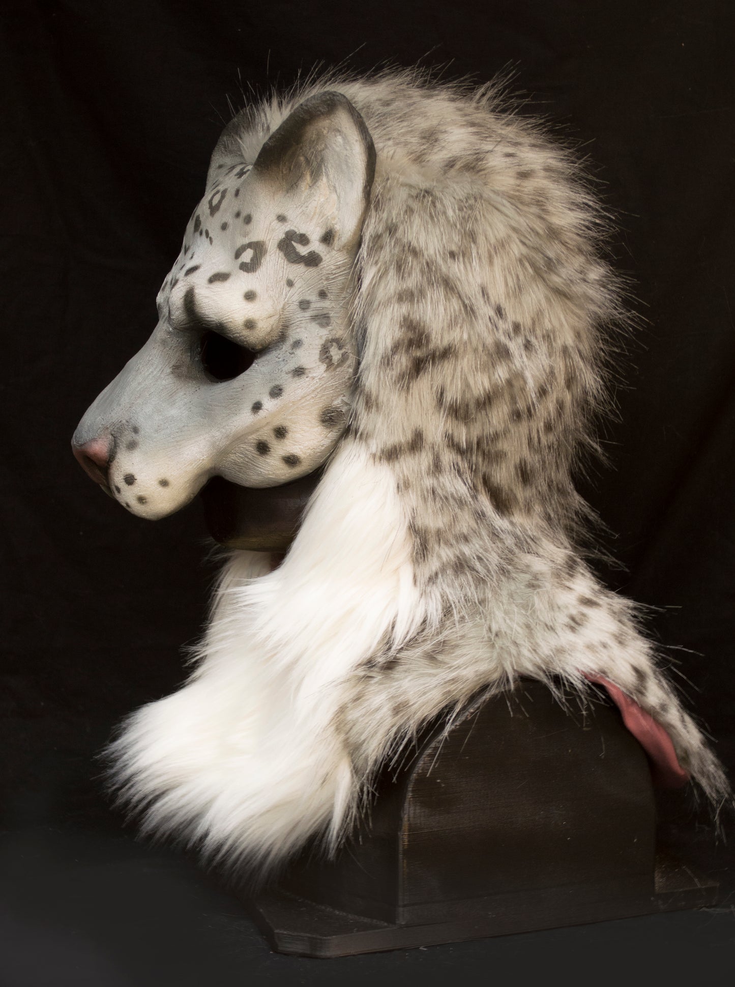 Snow leopard hooded mask with tail for LARP, performance and costuming