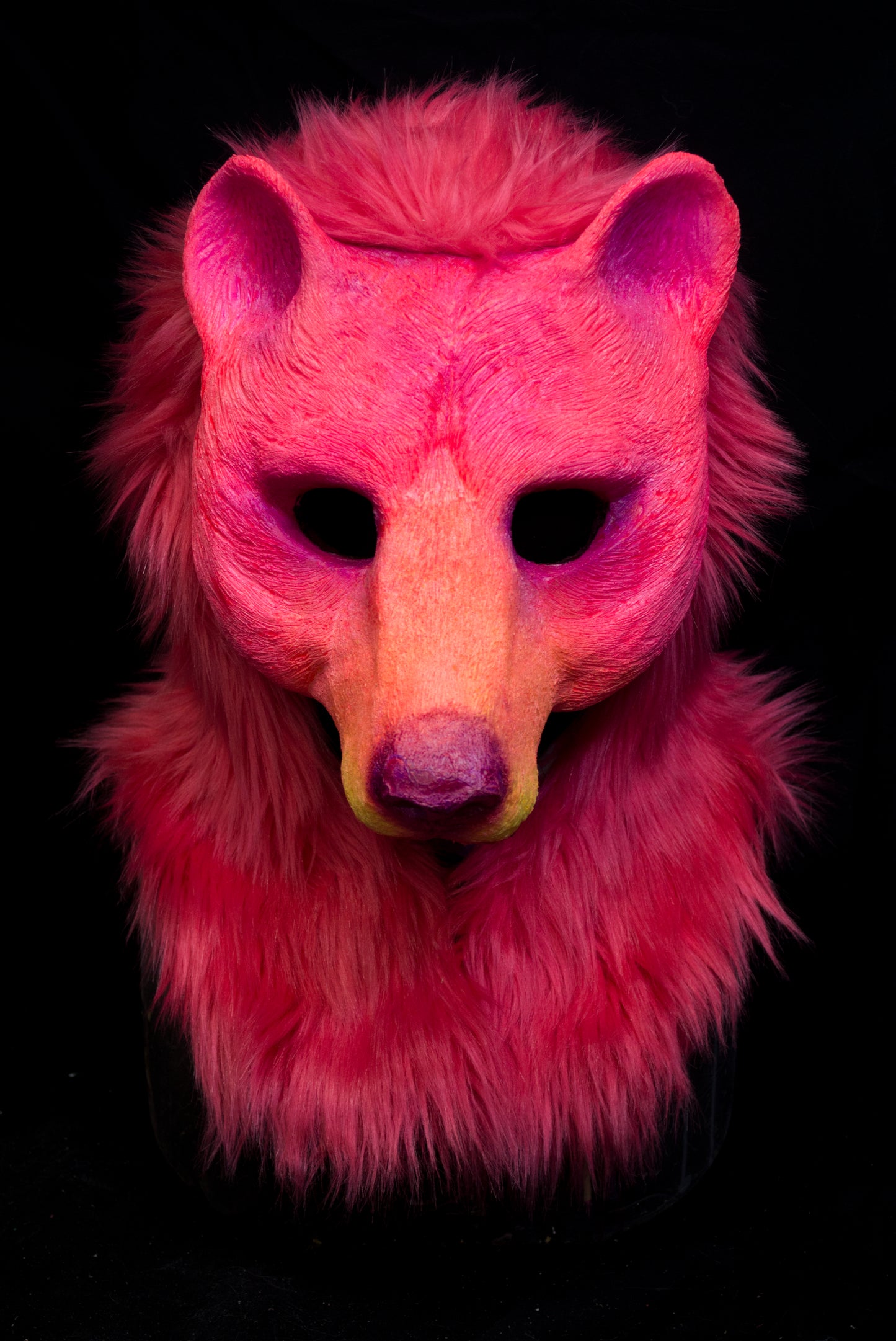 Pink Bear UV reactive hooded mask for LARP, performance and costuming