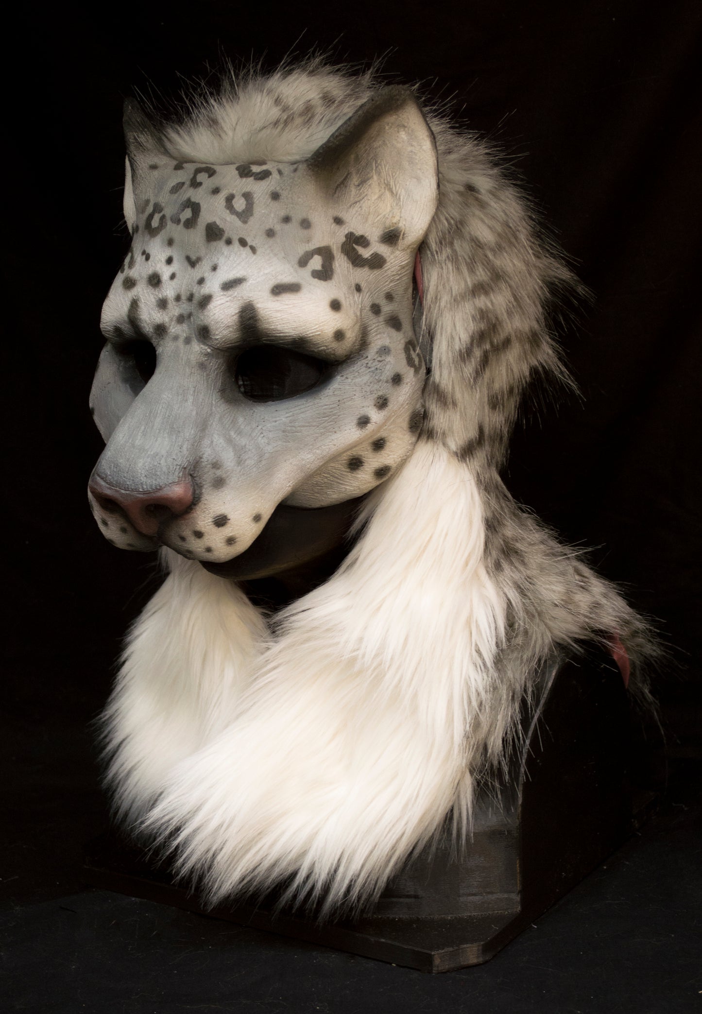 Snow leopard hooded mask with tail for LARP, performance and costuming