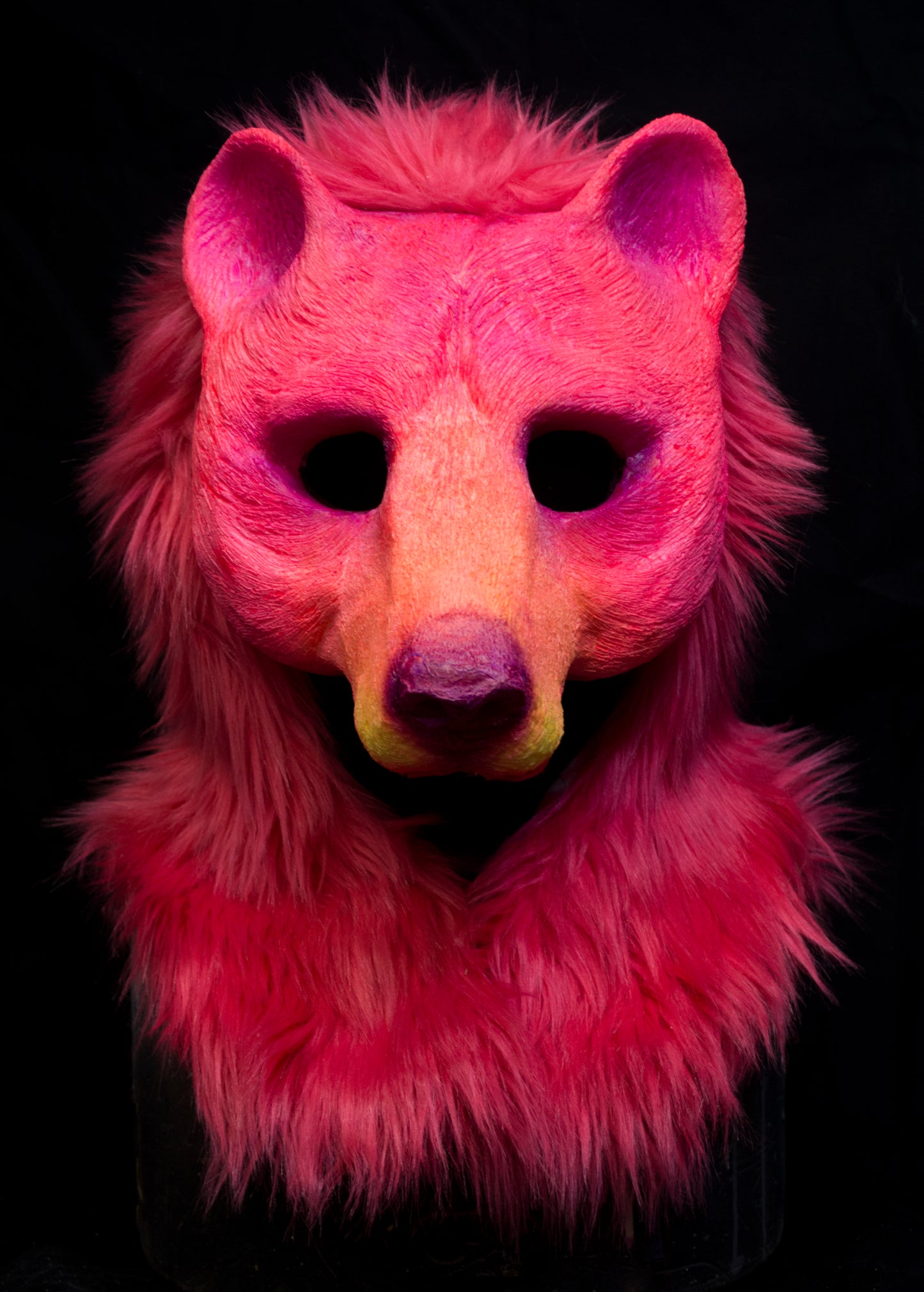 Pink Bear UV reactive hooded mask for LARP, performance and costuming