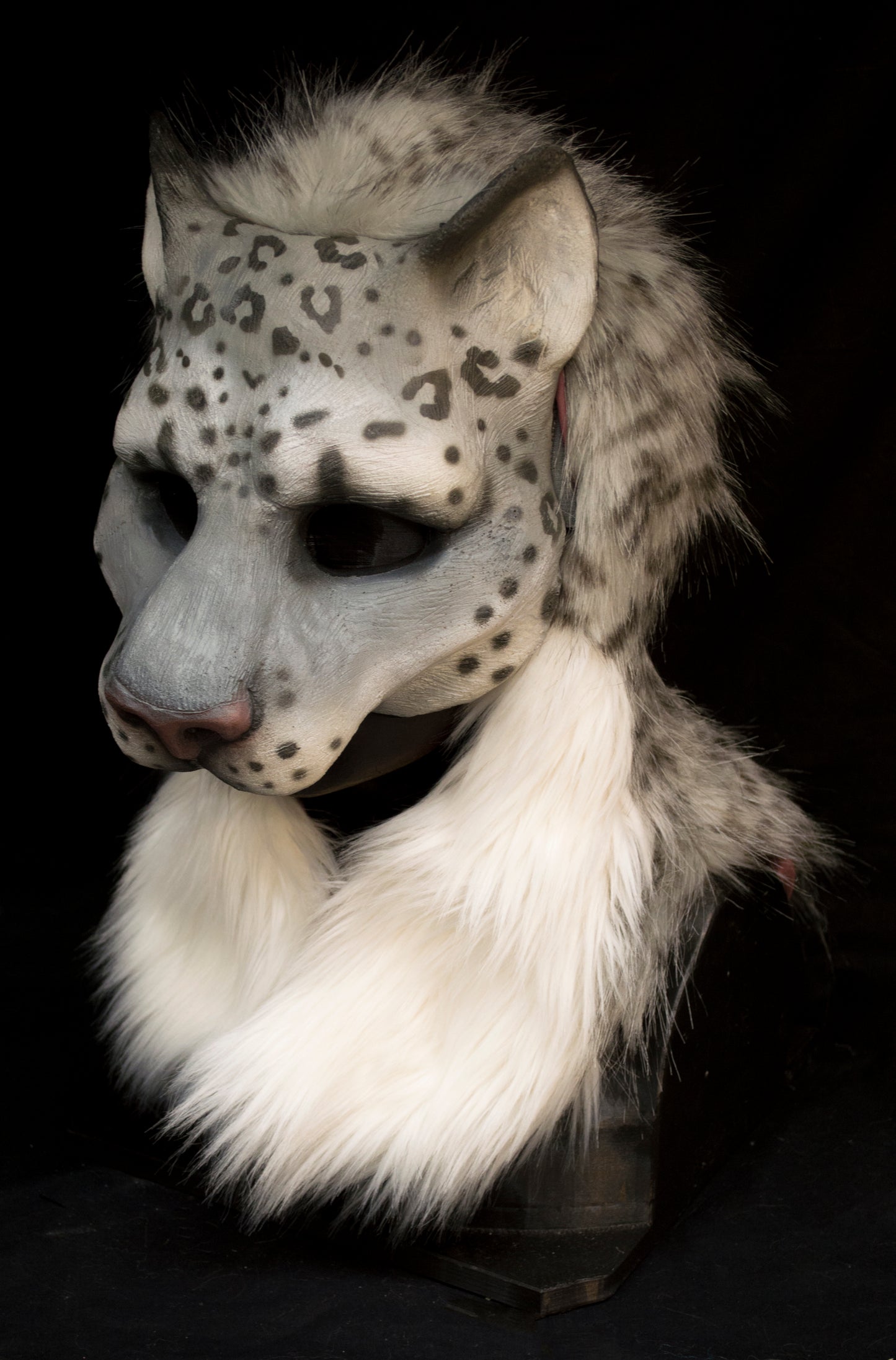 Snow leopard hooded mask with tail for LARP, performance and costuming