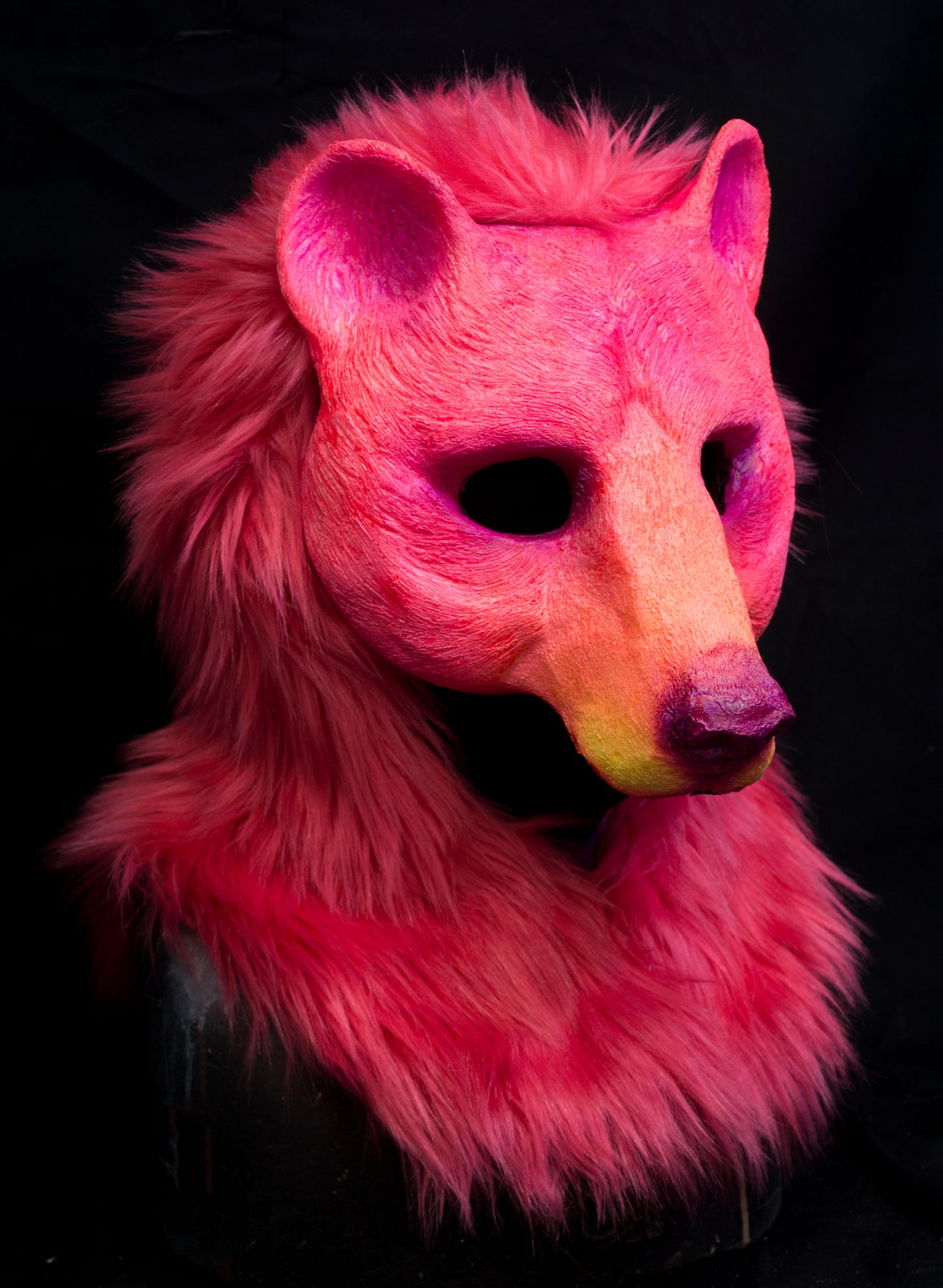 Pink Bear UV reactive hooded mask for LARP, performance and costuming