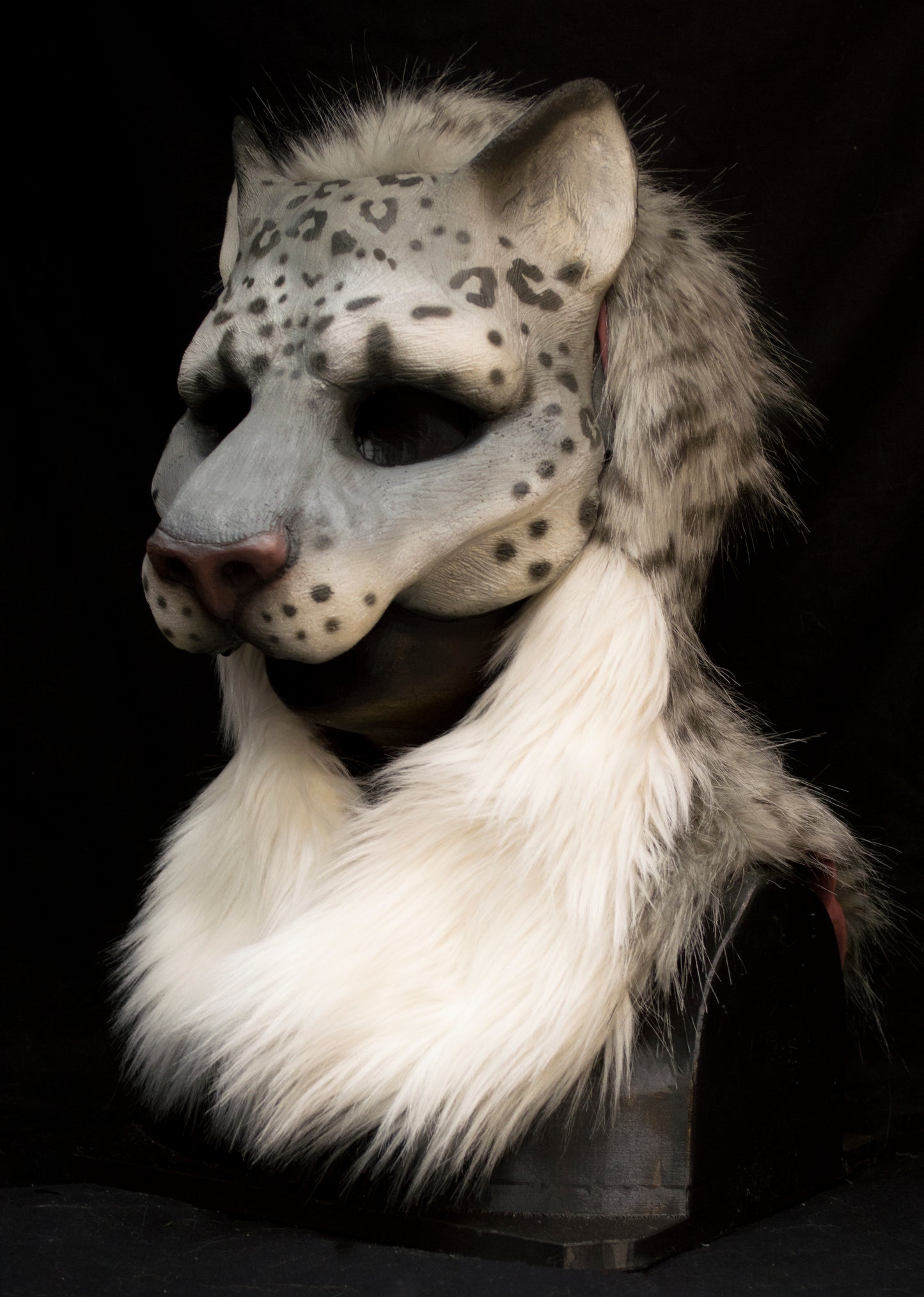 Snow leopard hooded mask with tail for LARP, performance and costuming