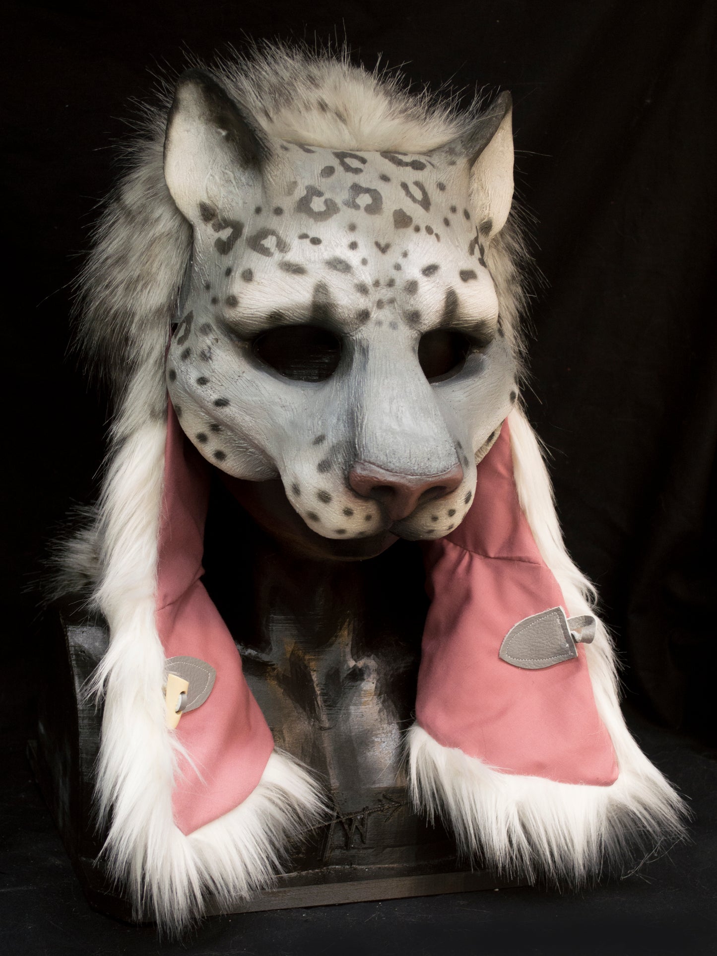 Snow leopard hooded mask with tail for LARP, performance and costuming