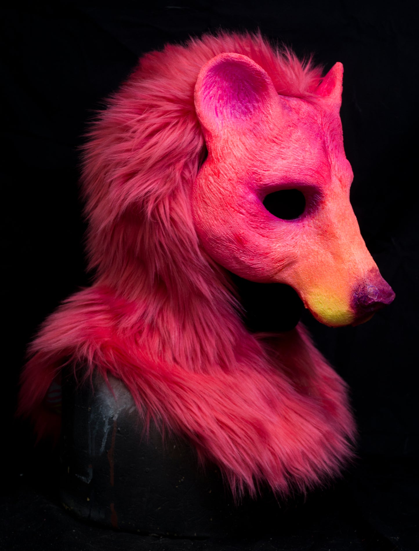 Pink Bear UV reactive hooded mask for LARP, performance and costuming