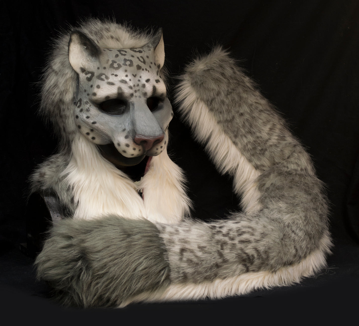 Snow leopard hooded mask with tail for LARP, performance and costuming