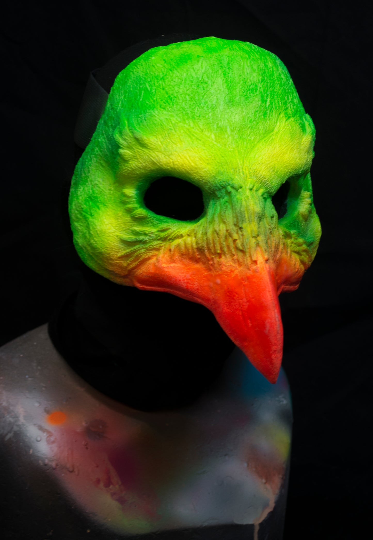 Green and Orange Bird, UV reactive mask for LARP, performance and costuming