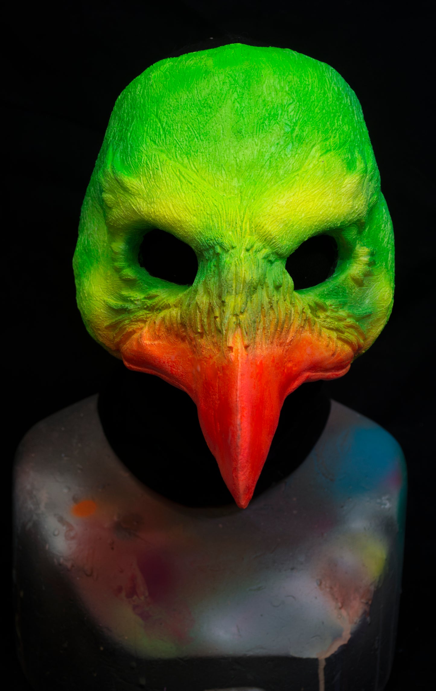 Green and Orange Bird, UV reactive mask for LARP, performance and costuming