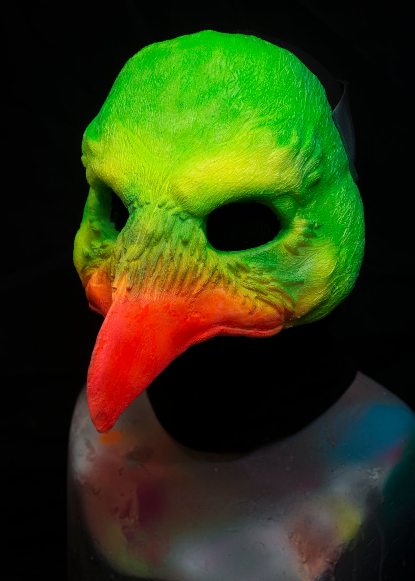 Green and Orange Bird, UV reactive mask for LARP, performance and costuming