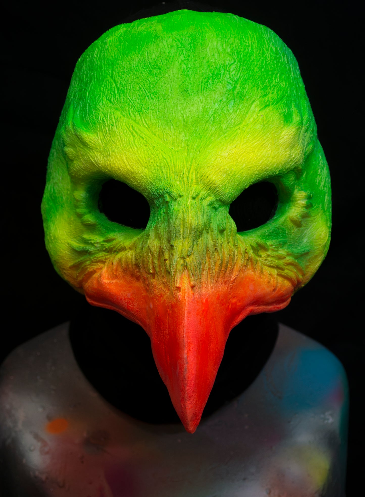 Green and Orange Bird, UV reactive mask for LARP, performance and costuming