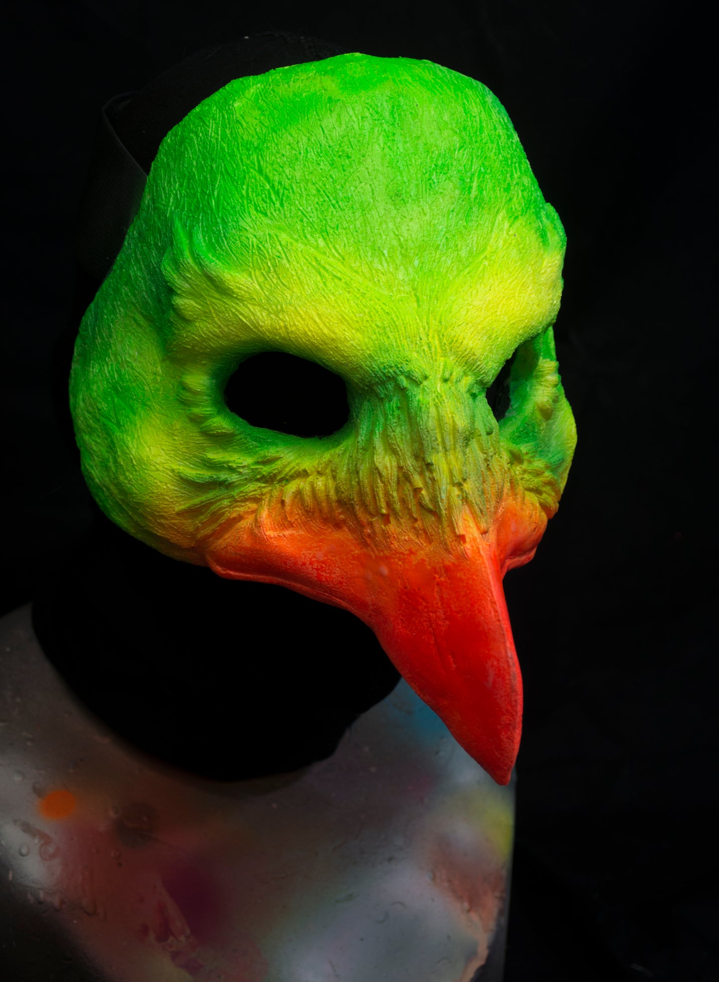 Green and Orange Bird, UV reactive mask for LARP, performance and costuming
